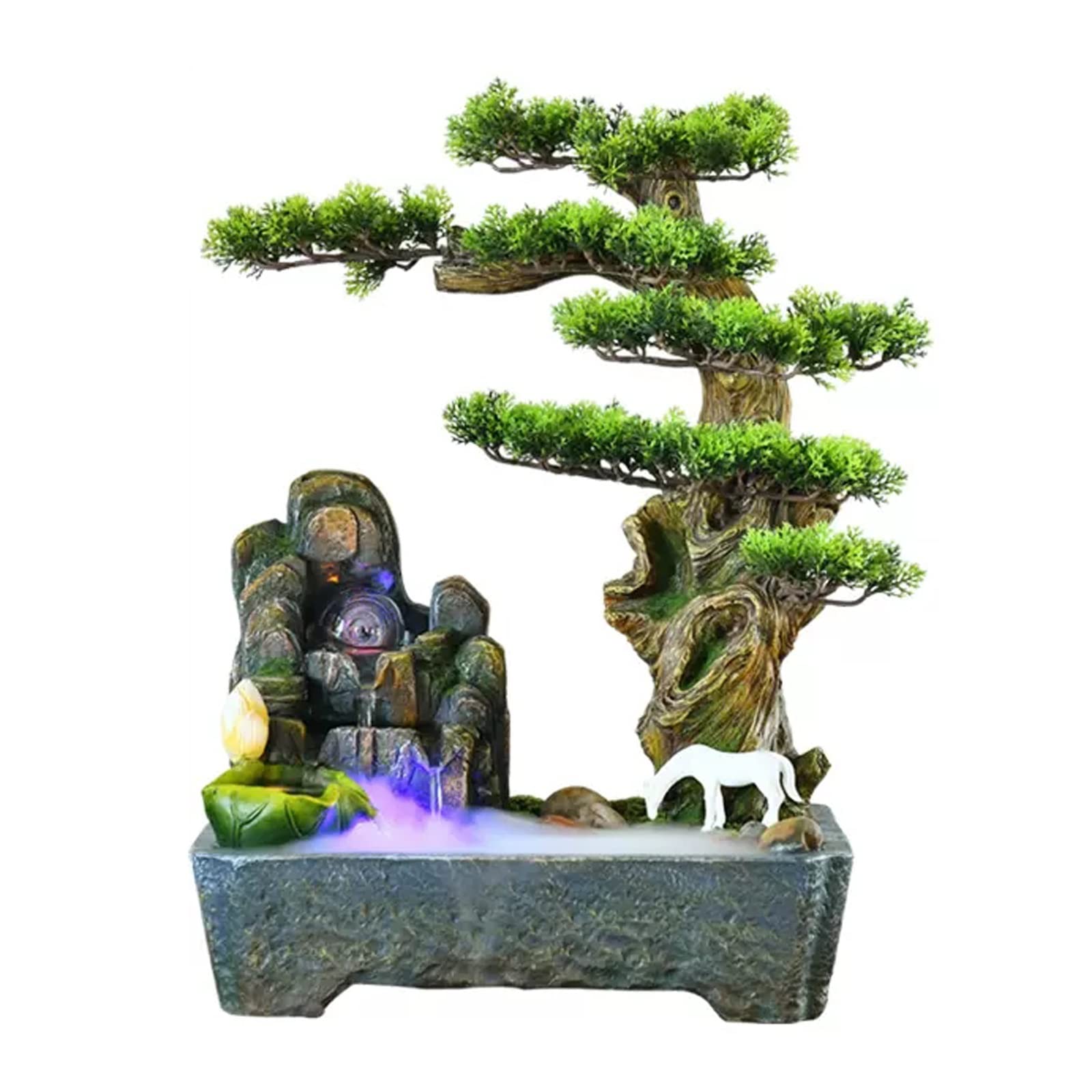 MYUYEE Tabletop Fountain Chinese Resin Indoor Tabletop Fountain Artificial Tree Potted Water Feature Rockery Waterfall Fountain For Home Office Bedroom Desk Decoration Indoor Fountai