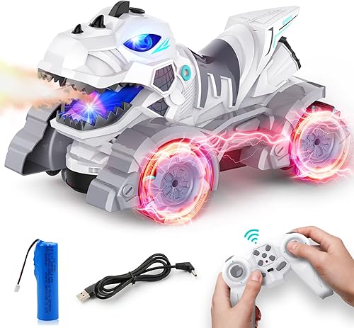 Aero Quest Juguete de dinosaurio RC para niños y niños, juguete de camión de dinosaurio de control remoto de 2.4Ghz 114 con aerosol de luz y sonido