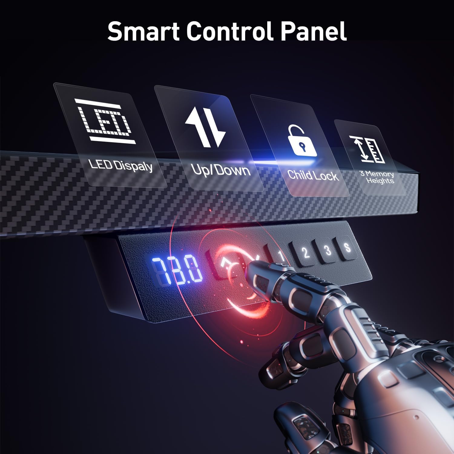 Close-up of HLDIRECT gaming desk smart control panel.