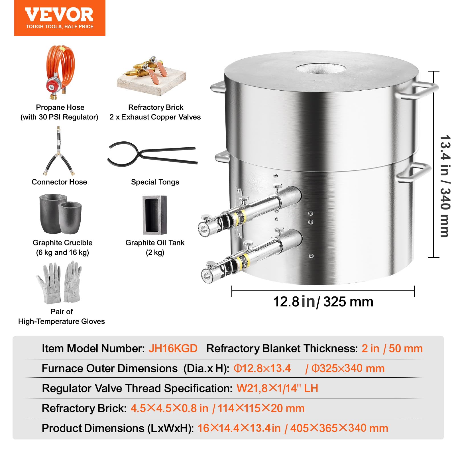VEVOR Set forno a fusione propano, 16 kg, a gas, in metallo, a doppio bruciatore, fonderia, forno a casa con crogioli e pinze, strumento di fusione per oro, argento, rame, alluminio, riciclaggio dei