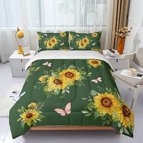 Miniatura 3 de Juego de edredón de 3 piezas con diseño de girasol verde, tamaño individual, juego de ropa de cama floral de granja para niñas y niños, ropa de cama
