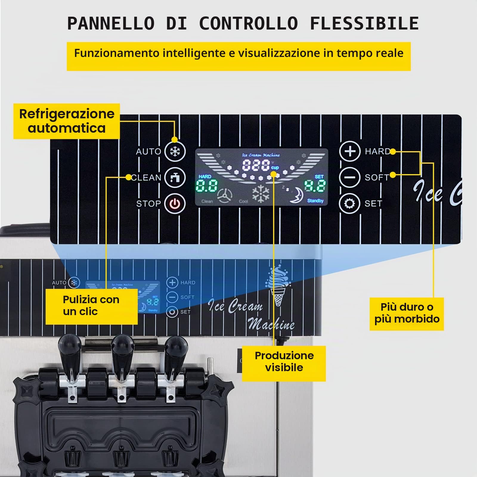 VEVOR Macchina per gelato commerciale da 5,3 a 7,4 galloni all'ora per servire morbido con display a LED Auto Clean 3 sapori perfetta per ristoranti snack bar, 2200 W, argento