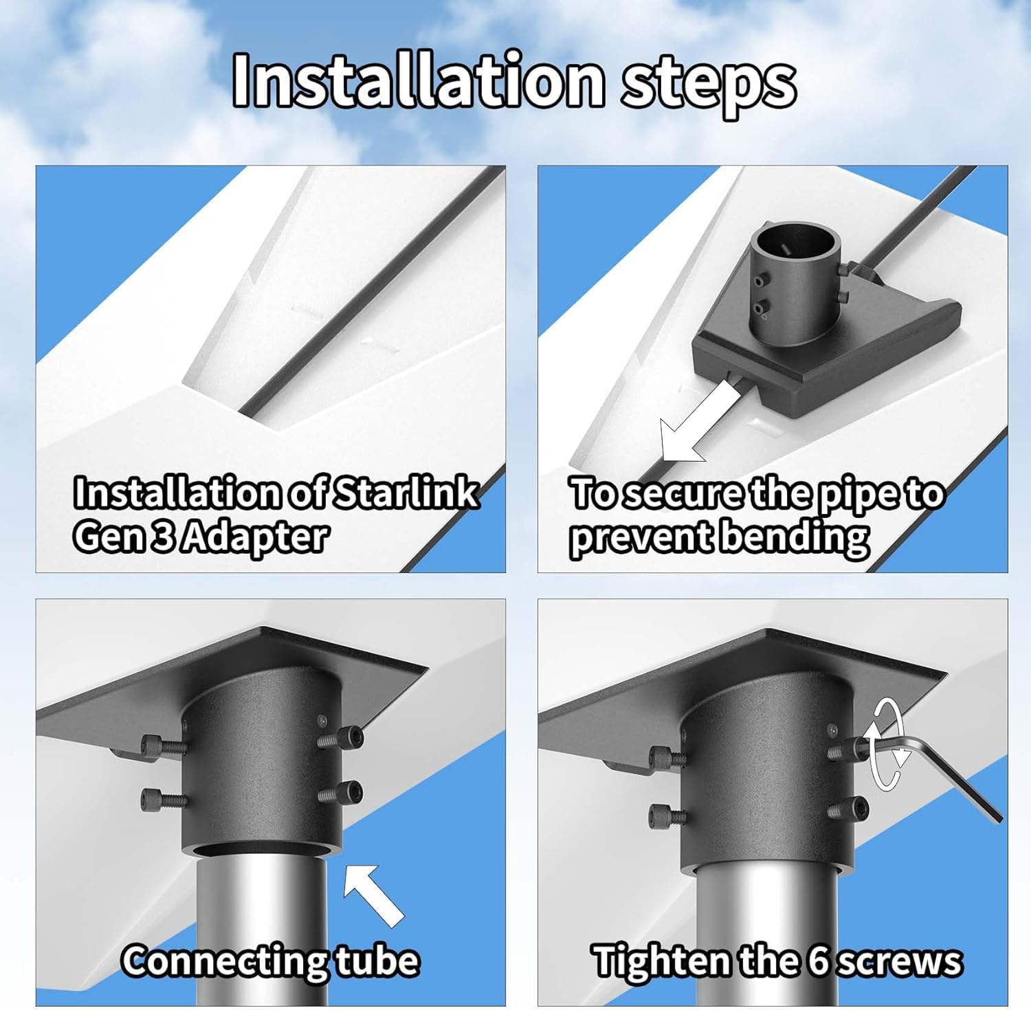 Starlink Gen 3 Pipe Adapter, 360° Adjustable Carbon Steel V3 Mounting Kit Fits 33cm to 40cm Pole, Wall & Roof Mount only for Starlink Gen3 Standard Dish (Pipe Not Included) — view 6