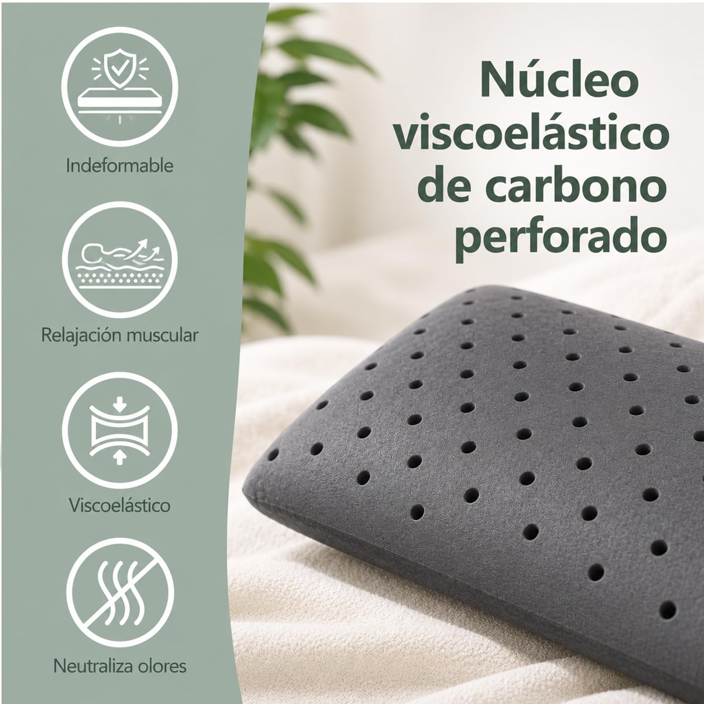 ACCRUX-Almohada Viscoelástica de Carbono núcleo 100% Viscoelástico (150cm) | Almohada de Carbono con Funda Stretch Extraíble. Antialérgica, Transpirable, Suave, Ergonómica y Máximo Confort
