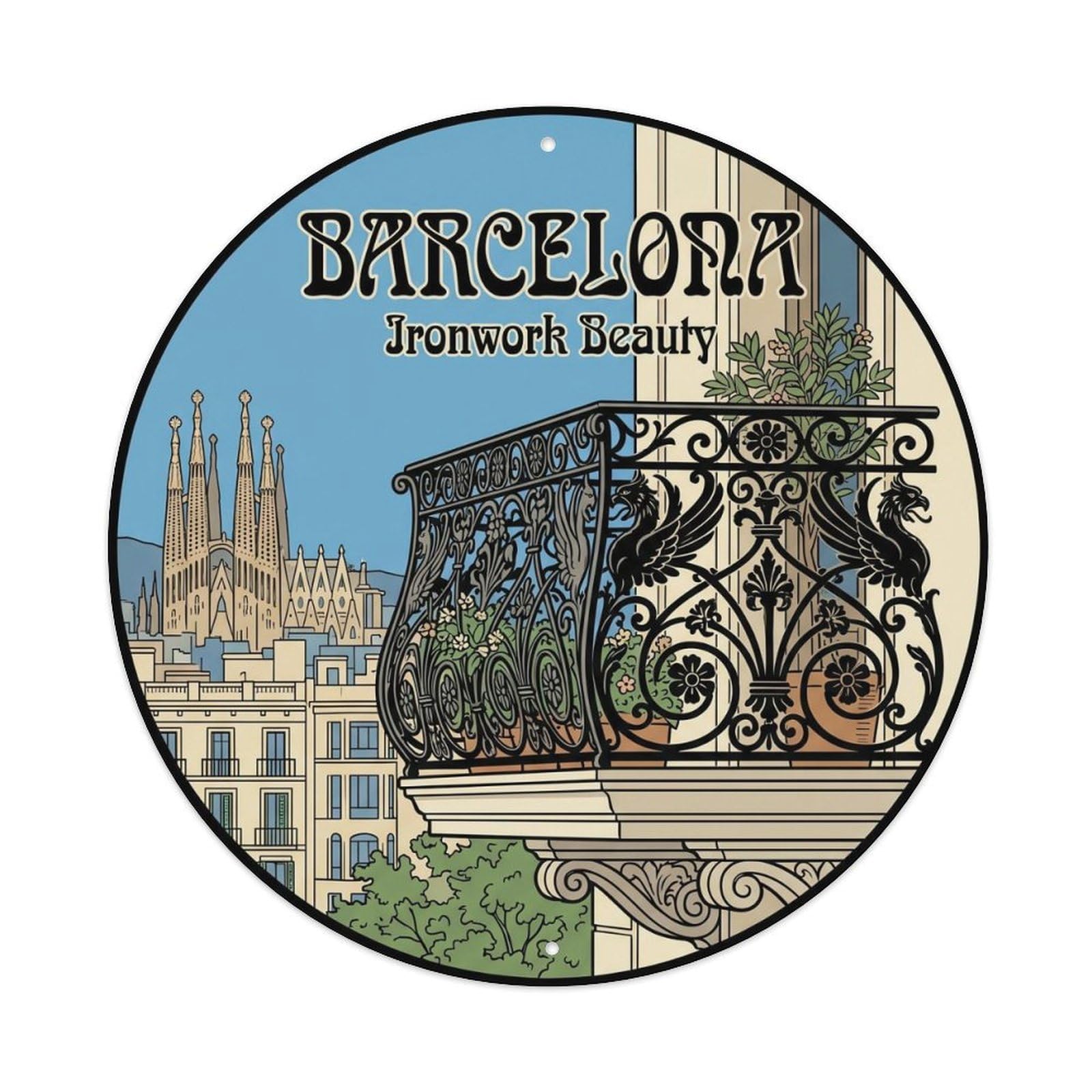 Vintage Travel Barcelona Ironwork Balcony Ornate Metal Tin Sign Plaque Wall Decor for Cafe, Club, Garden Round Metal Poster 8x8Inch