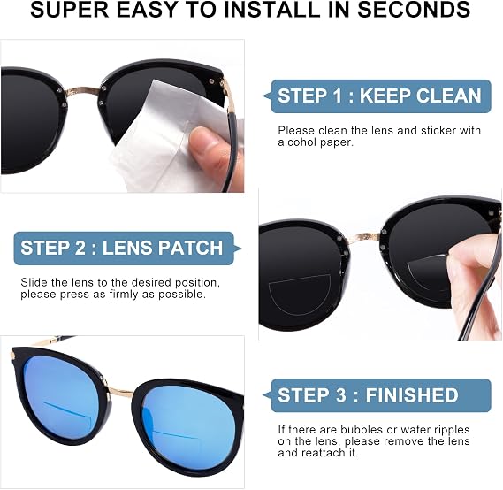 OKH Stick-on Reading Glasses Lens Adhesive Magnification Bifocal Lenses for Sunglasses Safety Goggles, No Water Needed