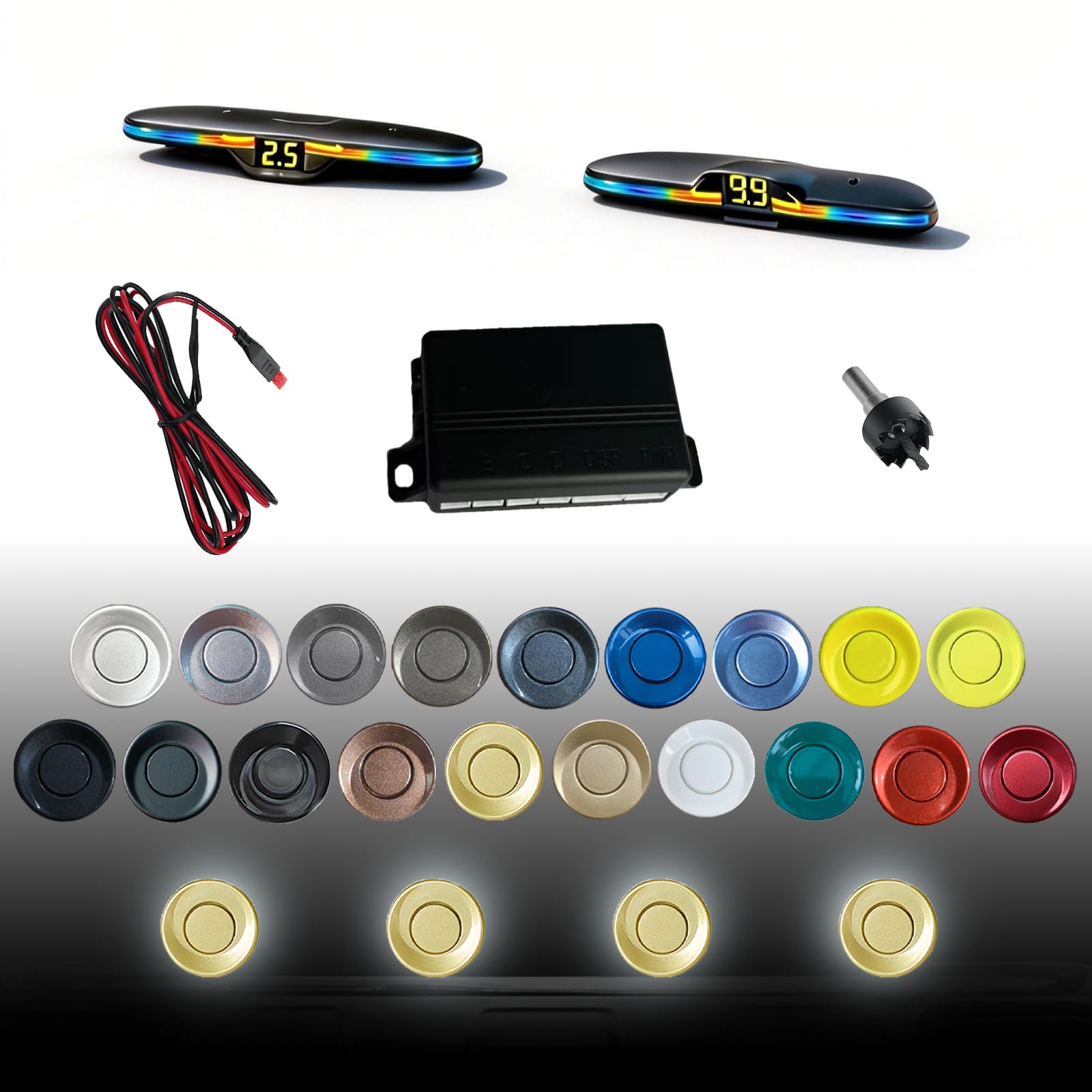 Parking Sensor kit New Feature Rear with Selectable Distance in Feet, Bidirectional Display Options, and Customizable Numeric Orientation and There are 20 Color Probes to Choose from(Gold)