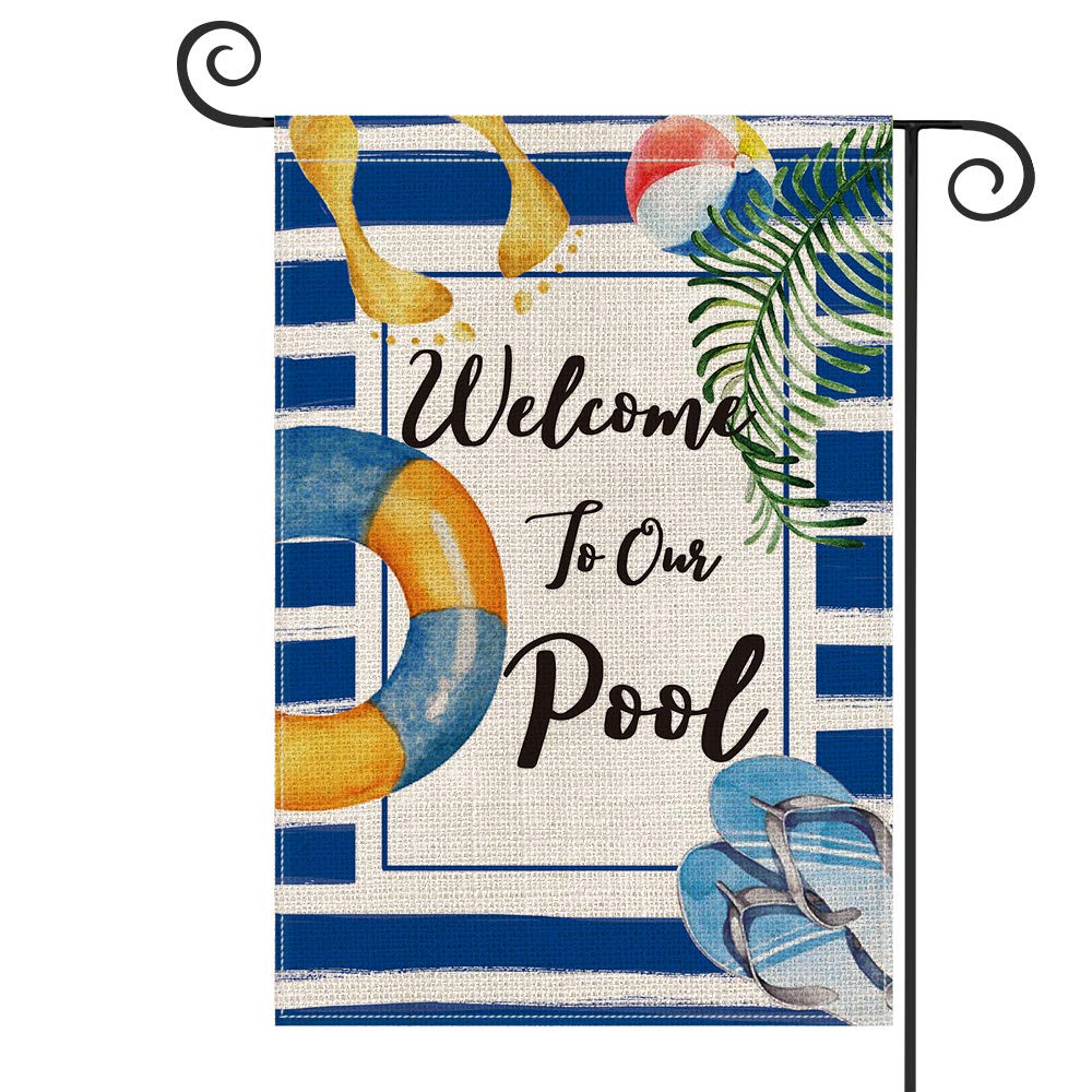 AVOIN colorlife Watercolor Stripes Welcome To Our Pool Garden Flag Double Sided Outside, Summer Holiday Swimming Ring Flip Flops Yard Outdoor Decoration 12 x 18 Inch
