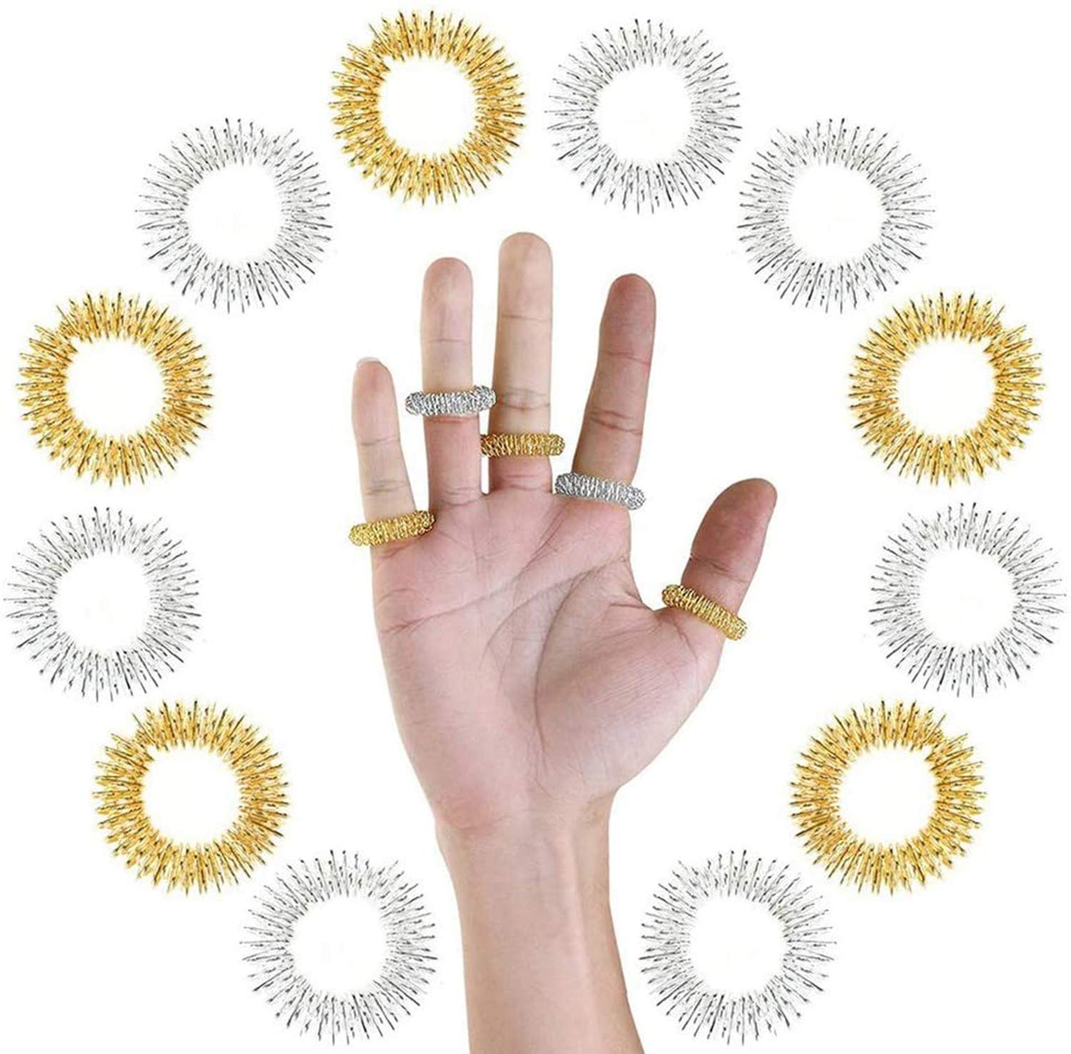 DELFINO Spiky Sensory Finger Massage Rings, 2 Pieces Silent Stress Reducer Acupressure Fidget Toys for Kids Teens & Adults Aids with Focus ADD ADHD OCD & Autism (Gold & Silver)