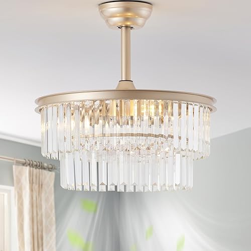 20" Gold Crystal Fandelier Ceiling Fans with Lights, Caged Gold