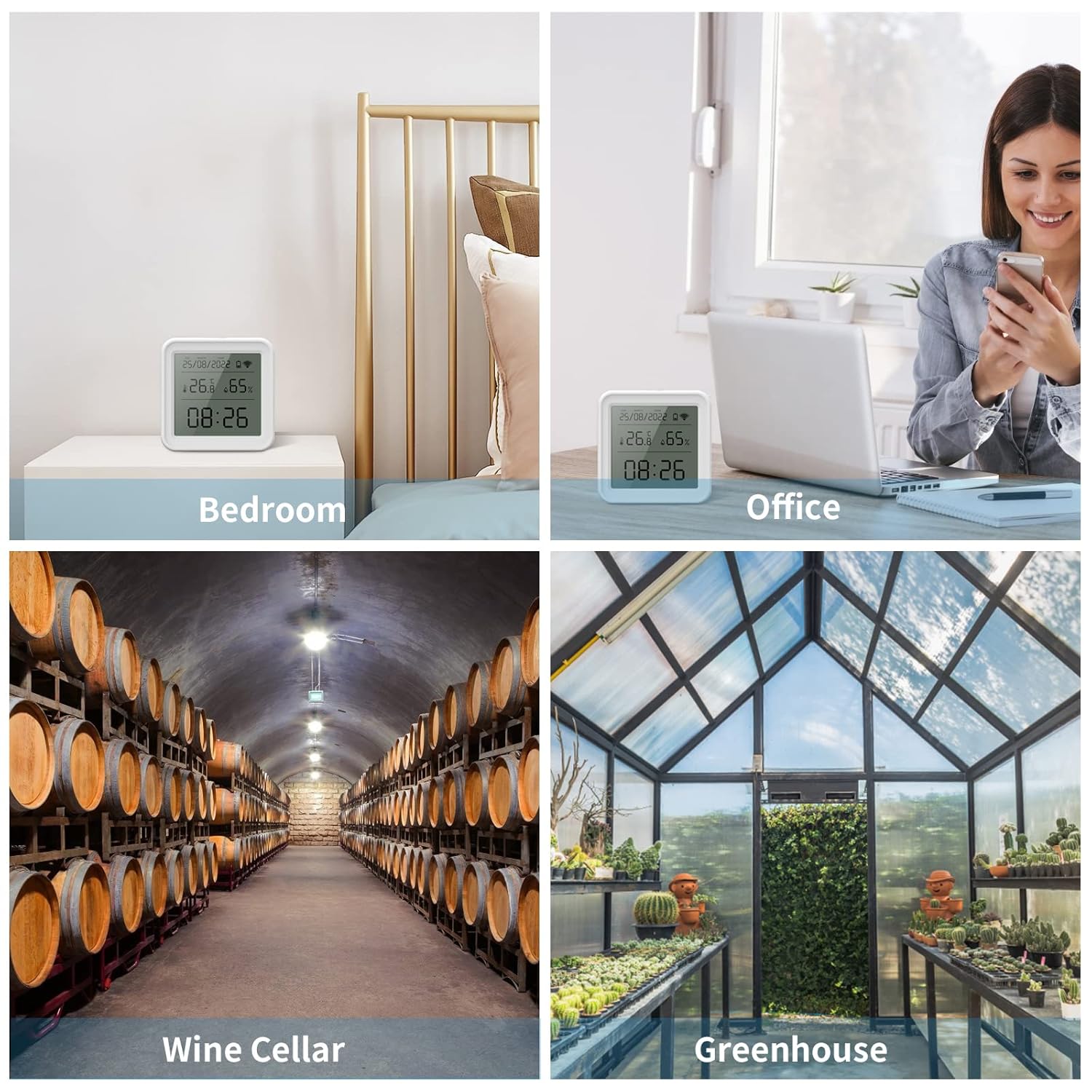 Collage of the eMylo sensor in various settings: bedroom, office, wine cellar, and greenhouse