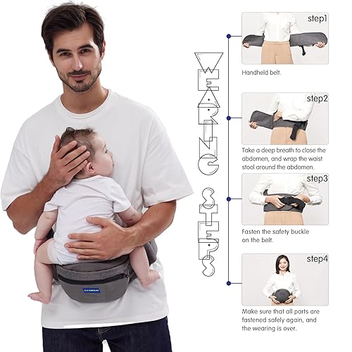 Miniatura 3 de Portabebés con asiento de cadera para recién nacidos y niños pequeños, cintura extendida ajustable con varios bolsillos, ergonómico (gris)