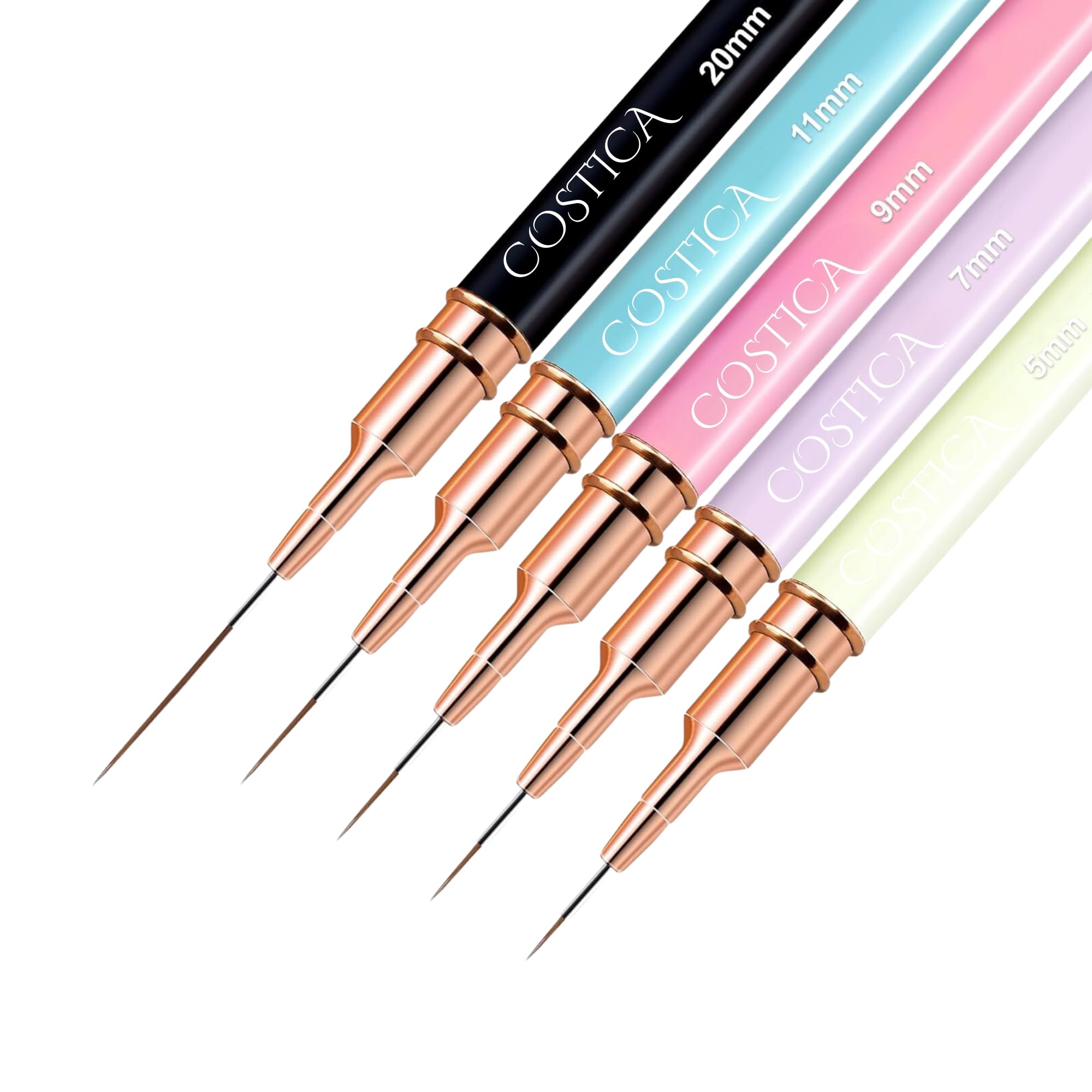 COSTICA Nail Art Liner Brushes, 5Pcs Professional Gel Polish Painting Art Design Pen Set for Long Lines, Thin Details, Fine Drawing Sizes 5/7/9/11/20mm Nail Art Design Gift for Women(Multicolor)-image-43