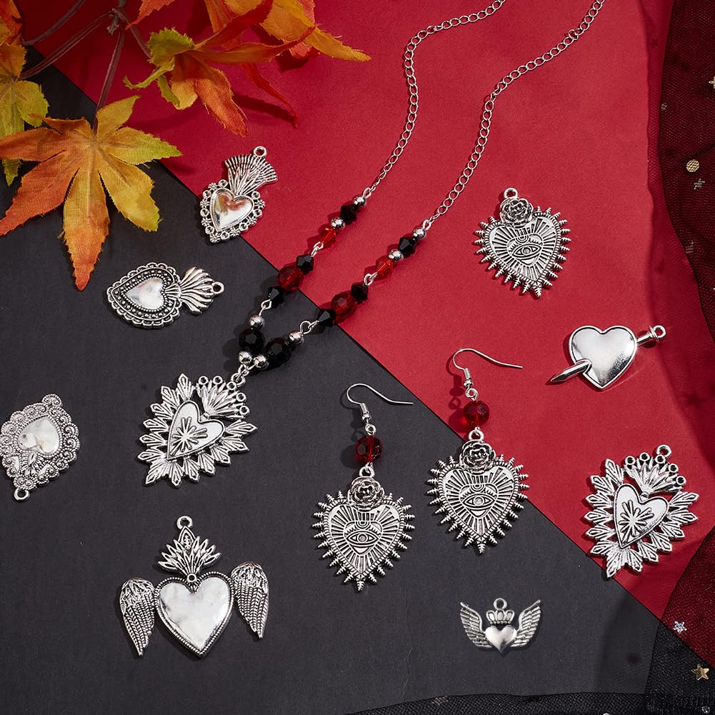 SUNNYCLUE 1 Box 16Pcs 8 Styles Gothic Heart Charms Sacred Heart Charms Bulk Tibetan Silver Alloy Wings Holiday for Jewellery Making DIY Necklace Bracelet Earring Halloween Decoration - Image 4