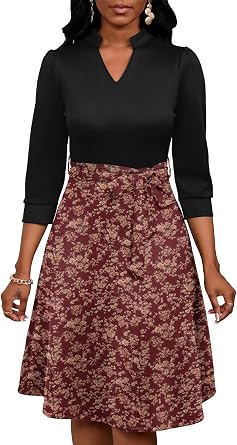 PerZeal Womens Casual Flowy A-Line Midi Dress Flared V-Neck Colorblock Print for Wedding Guest 3/4 Sleeve Dress with Belt