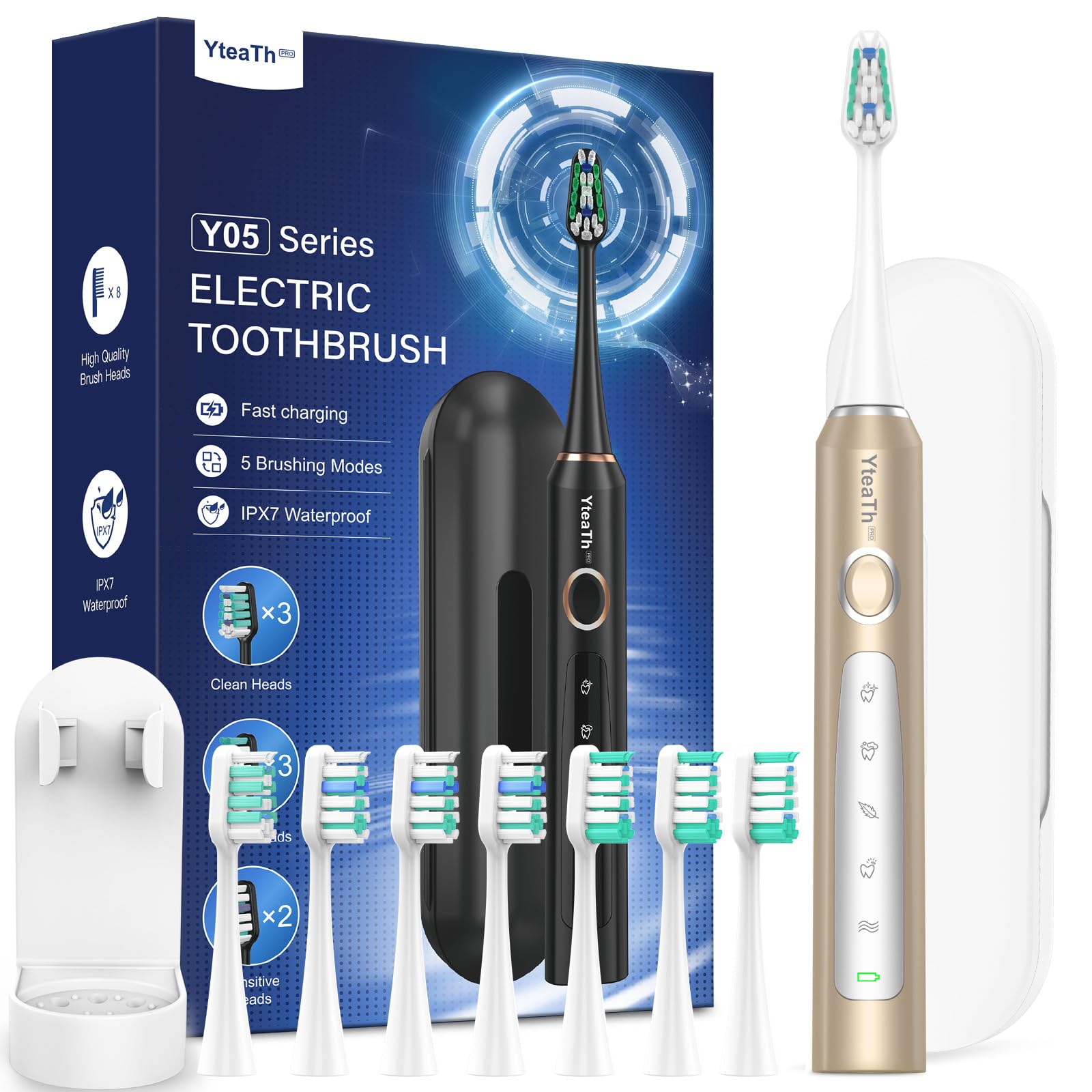 Sonic Electric Toothbrush for Adults - Sonic Toothbrushes with 8 Toothbrush Heads (2 Types), 90 Days Battery Life, 5 Brushing Modes, Travel Case, 2 Minute Brushing Timer