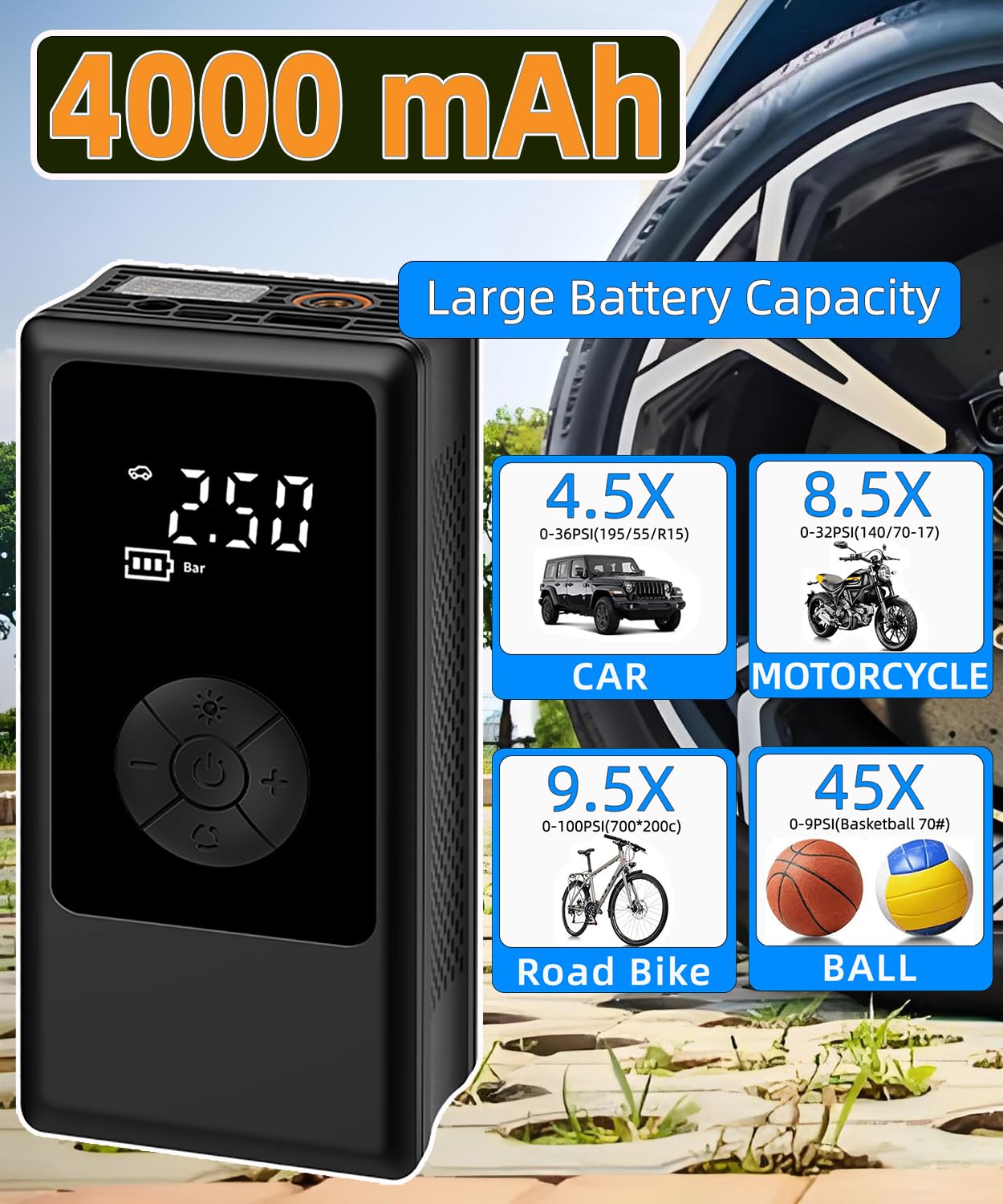 Reifenfüller, tragbarer Luftkompressor für Auto, Ball-Basketball-Pumpe für Sportbälle, Auto für Autoreifen, Fahrrad mit Messwert-Anzeige, 150 PSI Power-Batterie, Fahrradpumpe, kabellos