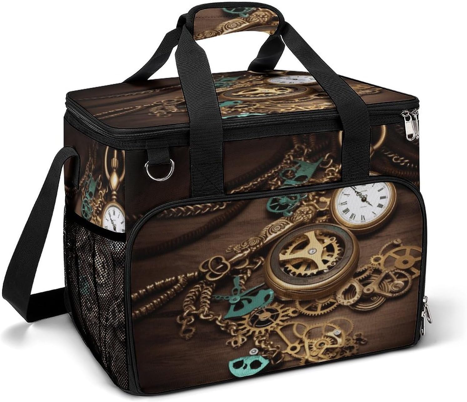 Large Capacity Oxford Cloth Steampunk Watches Keys and Chains Printed Camping Ice Bag, Outdoor Portable Insulation and Cooling Bag, Suitable for Outdoor Camping and Picnics