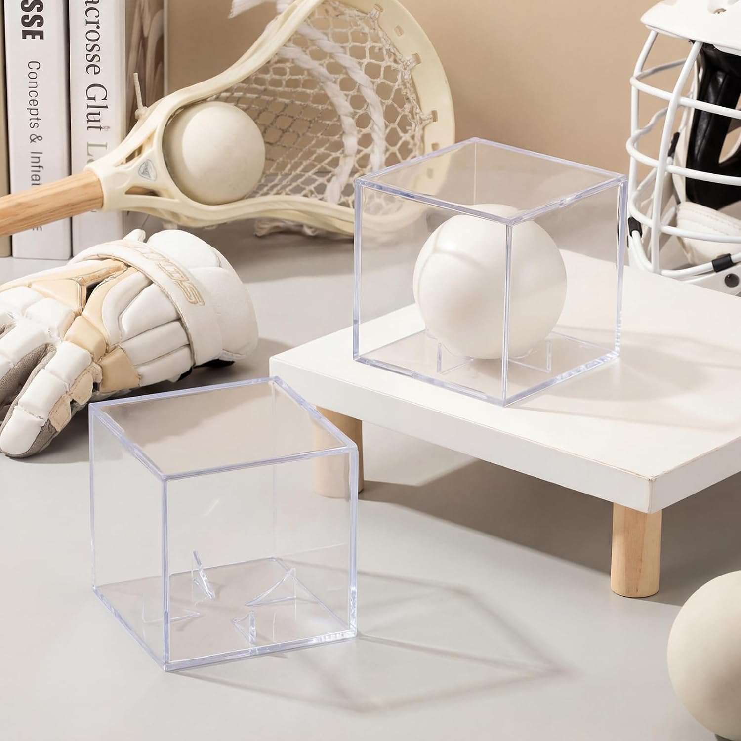 BreezeHug 6 Pcs Lacrosse Ball Display Case Acrylic Boxes Lacrosse Ball Holder UV Protected Memorabilia Showcase Autograph Display for Official Size