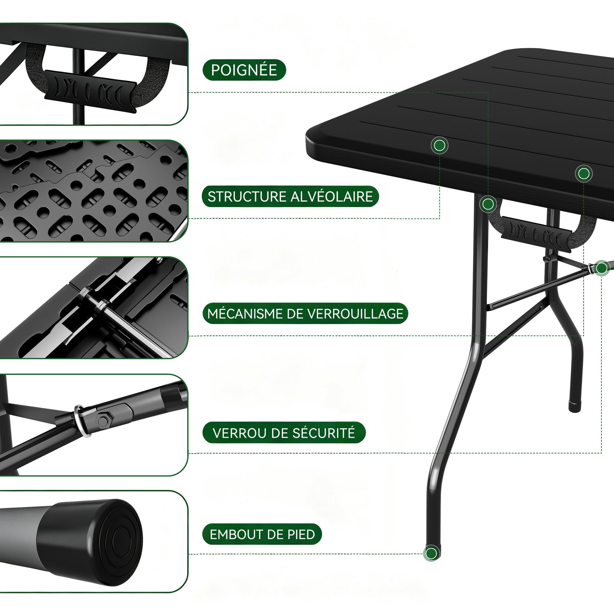mcc direct 180cm Klapptisch schwerlastfähig – robuster Kunststofftisch mit Tragegriff, für Garten, Camping, Party & Catering, 6FT Schwarz