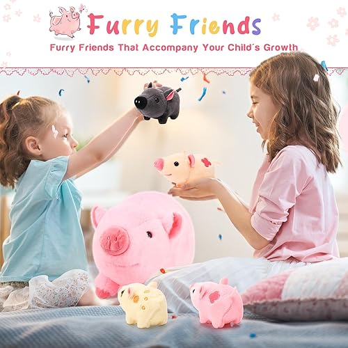 Miniatura 5 de Honoson Cerdo de peluche con bebés, juego de peluche suave para niños pequeños, mamá cerdo de peluche con 4 lechones magnéticos de peluche para