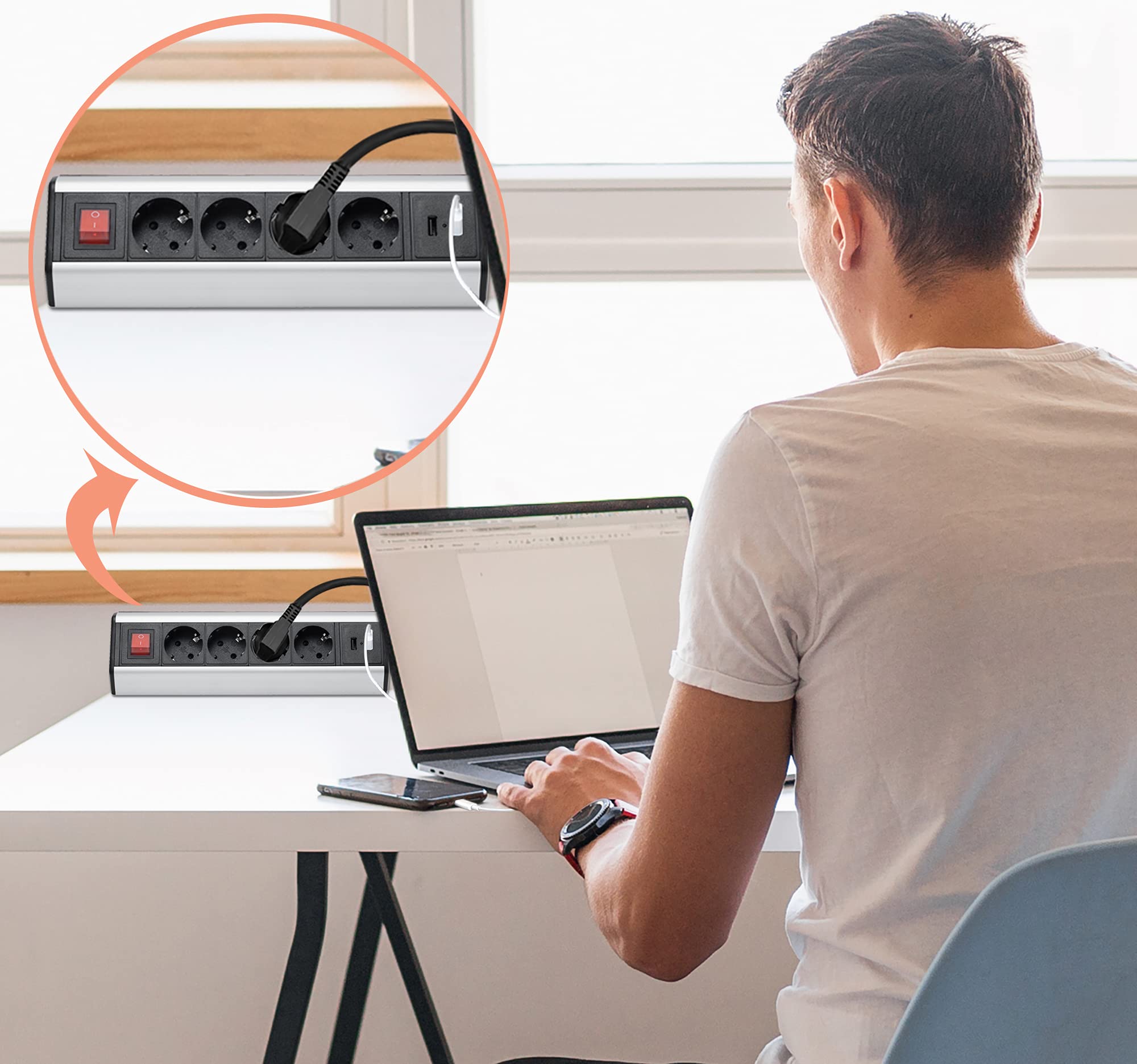 Mehrfach-Steckdose 4-fach & 2x USB mit 2M Kabel - Möbel- Steckdosenleiste schaltbar als Tischsteckdose und Steckdosenverteiler - Steckerleiste für Küche & Büro mit einfacher Montage Schreibtisch