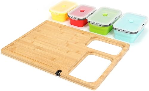 Tabla de cortar de bambú con contenedores, tabla de cortar delgada de bambú con bandejas, estación de preparación de tabla de cortar utilizada como
