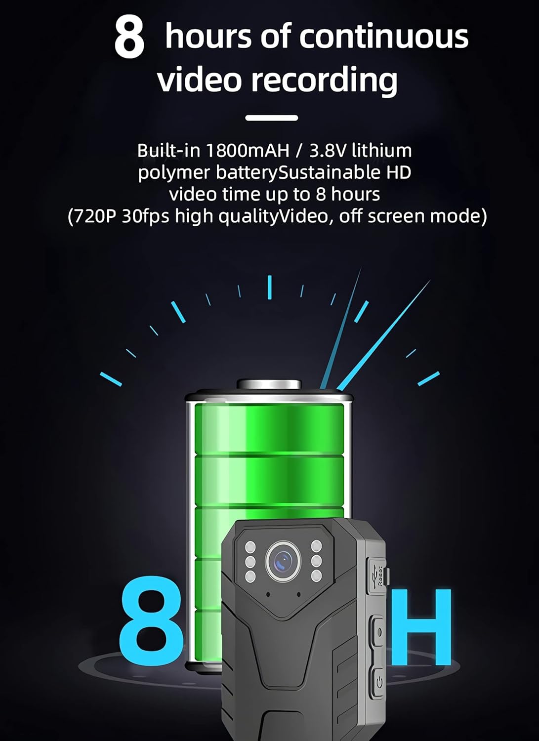 WEIIBDIE i5 Police Body Camera illustrating its 8-hour continuous recording battery life.