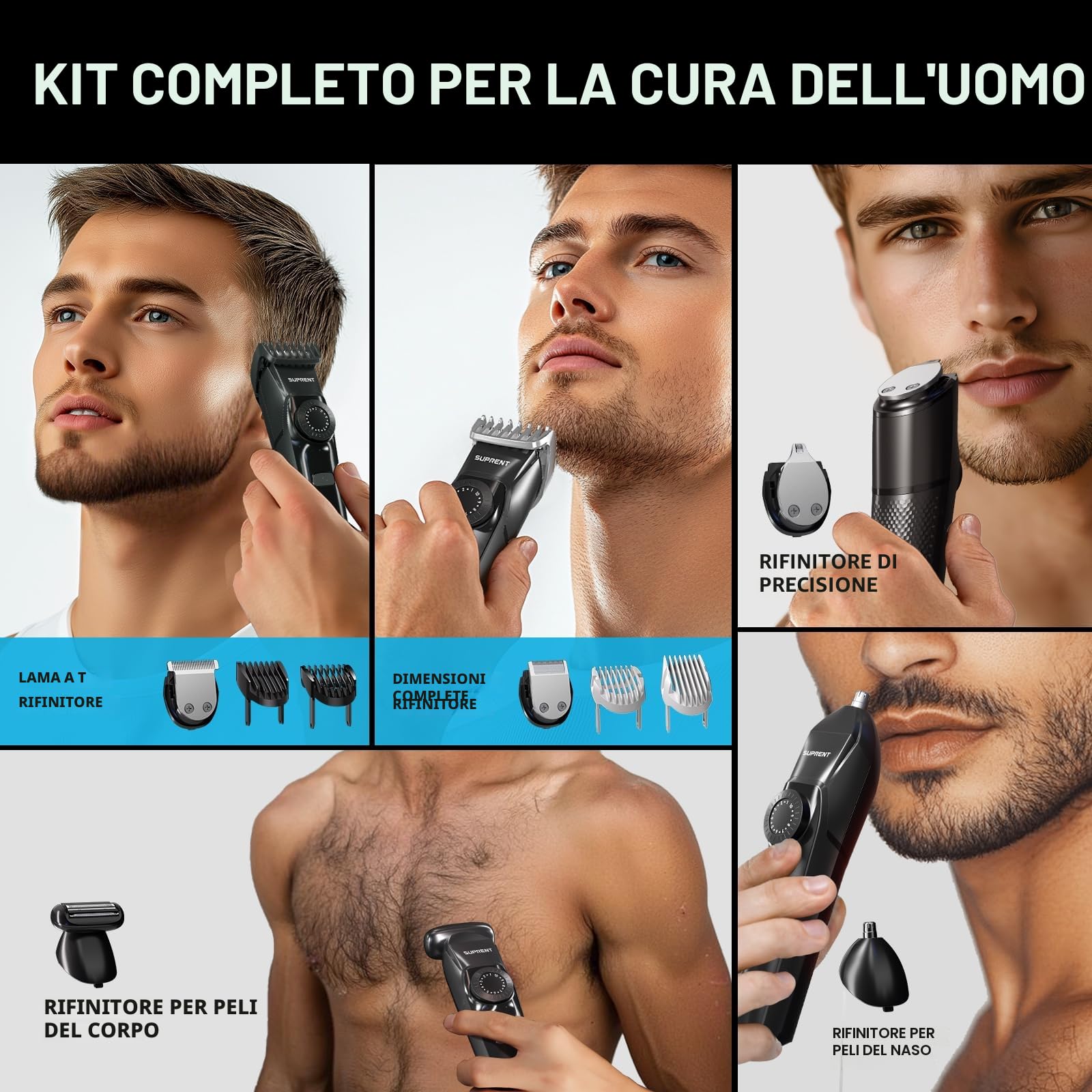 SUPRENT Regolabarba Uomo Professionale IPX7 Impermeabile Rasoio Elettrico Barba e Capelli