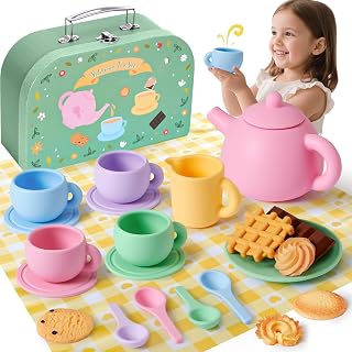 G.C Silicone Tea Service Children's Toy Children's Kitchen Accessories with Teapot, Cups, Plates, Spoons, Sweet Desserts, Tea Party Role Play, Kitchen Games, Gifts for Girls Boys 3 4 5 6 7+ Years