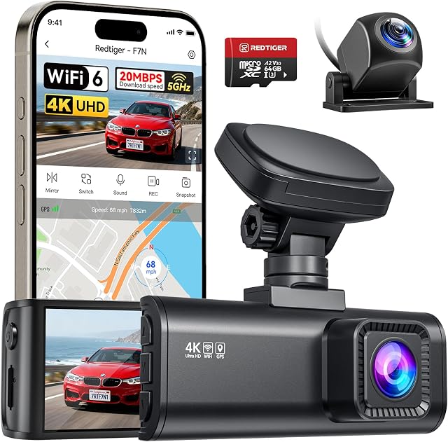 REDTIGER F7N Dash Cam 4K Front and Rear 1080P, 5.8GHz WiFi-20 MB/s Fast Transfer, 2160P/FHD Car Dash Camera with 64GB Card, 3.18" Screen, Smart App Control, Precise GPS, Night Vision, 24H Parking Mode