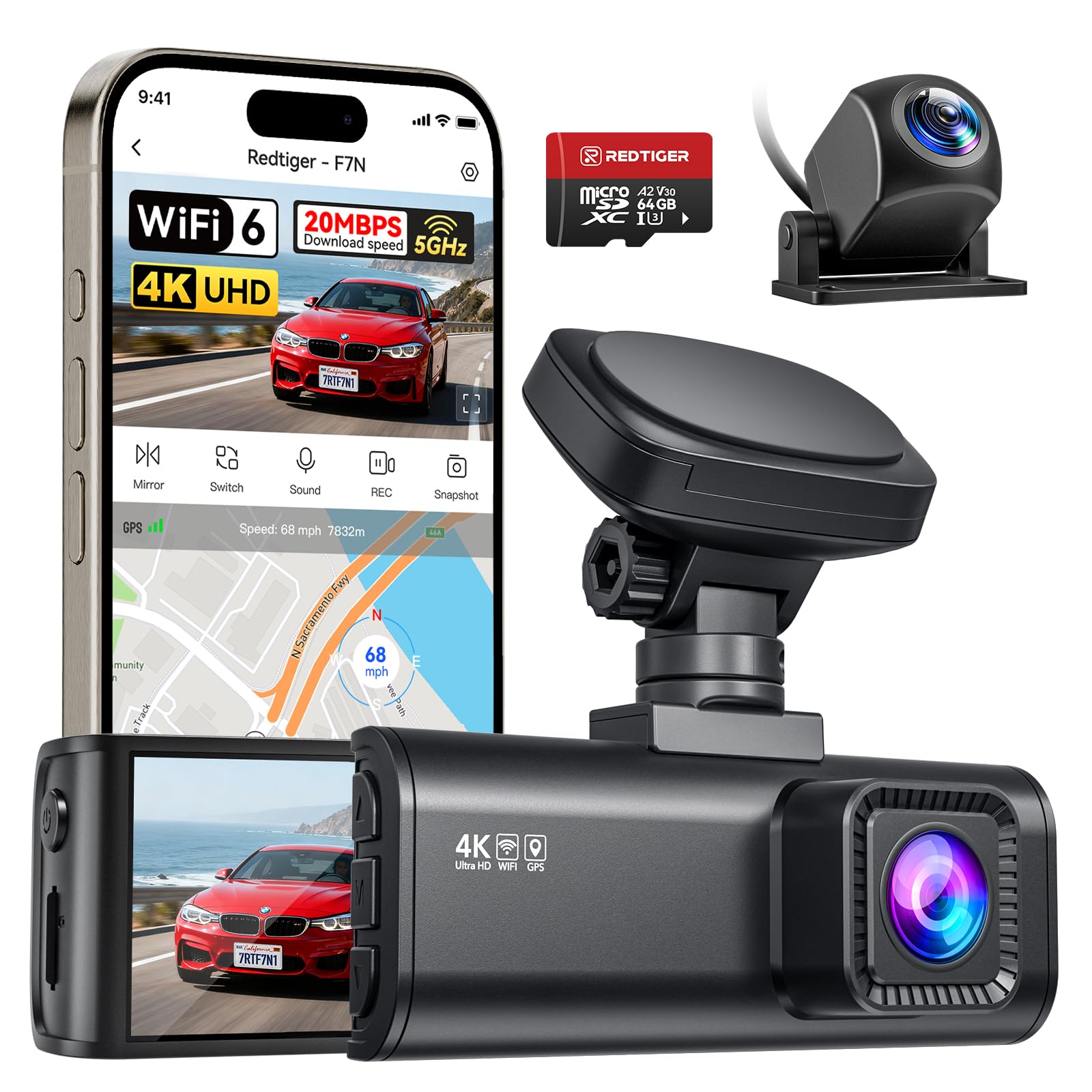 REOTIGER F7N 4K ドライブレコーダー REDTIGER F7N Dash Cam 4K Front and Rear 1080P, 5.8GHz WiFi-20 MB/s