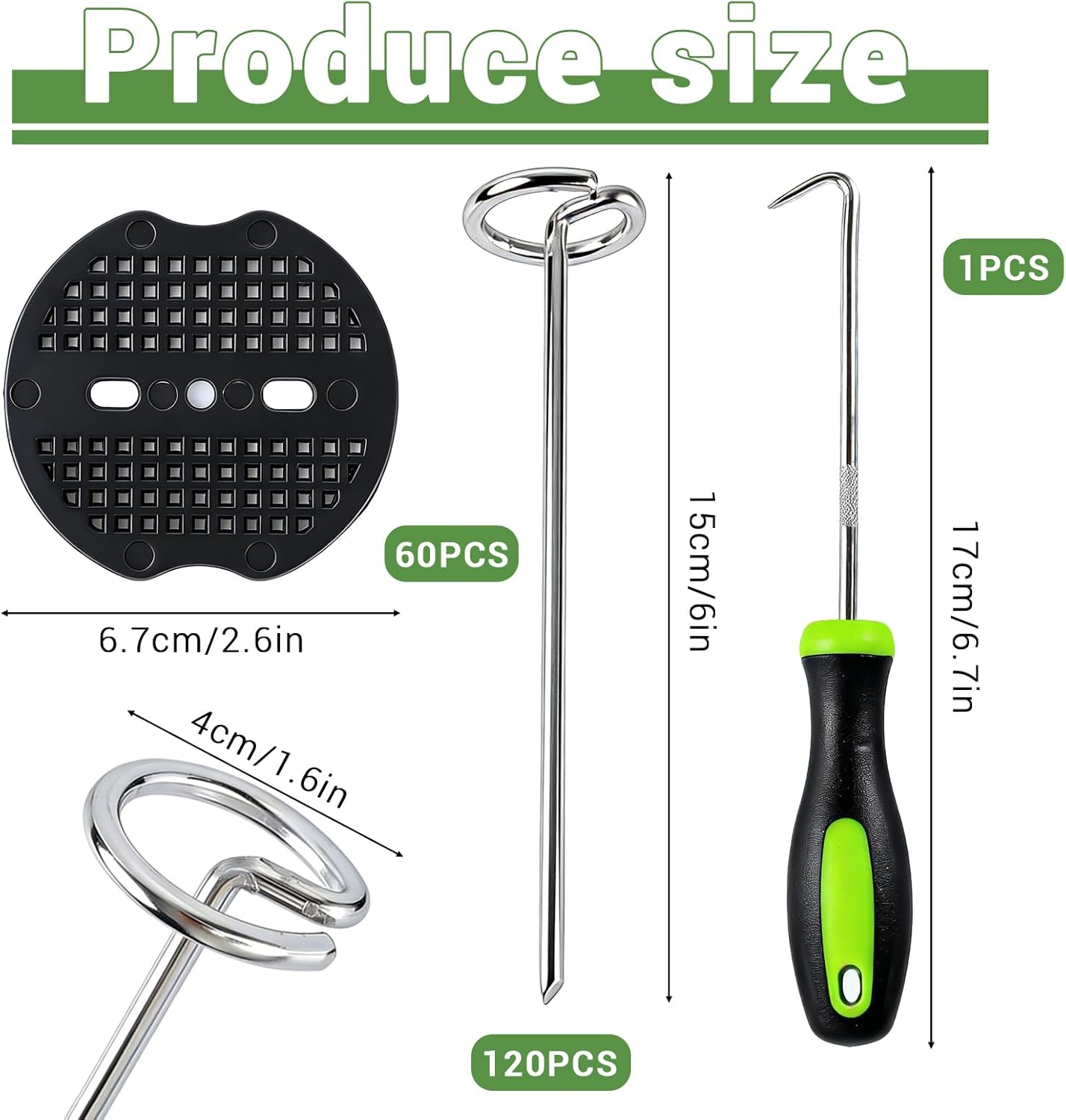120Pcs Landscape Fabric Pins, Weed Barrier Stakes with 60Pcs Gaskets, 1Pcs Pick Hook, 6 Inch Landscape Stakes for Plant Cover, Tent, Weed Barrier Fabric, Turf and Outdoor Decoration