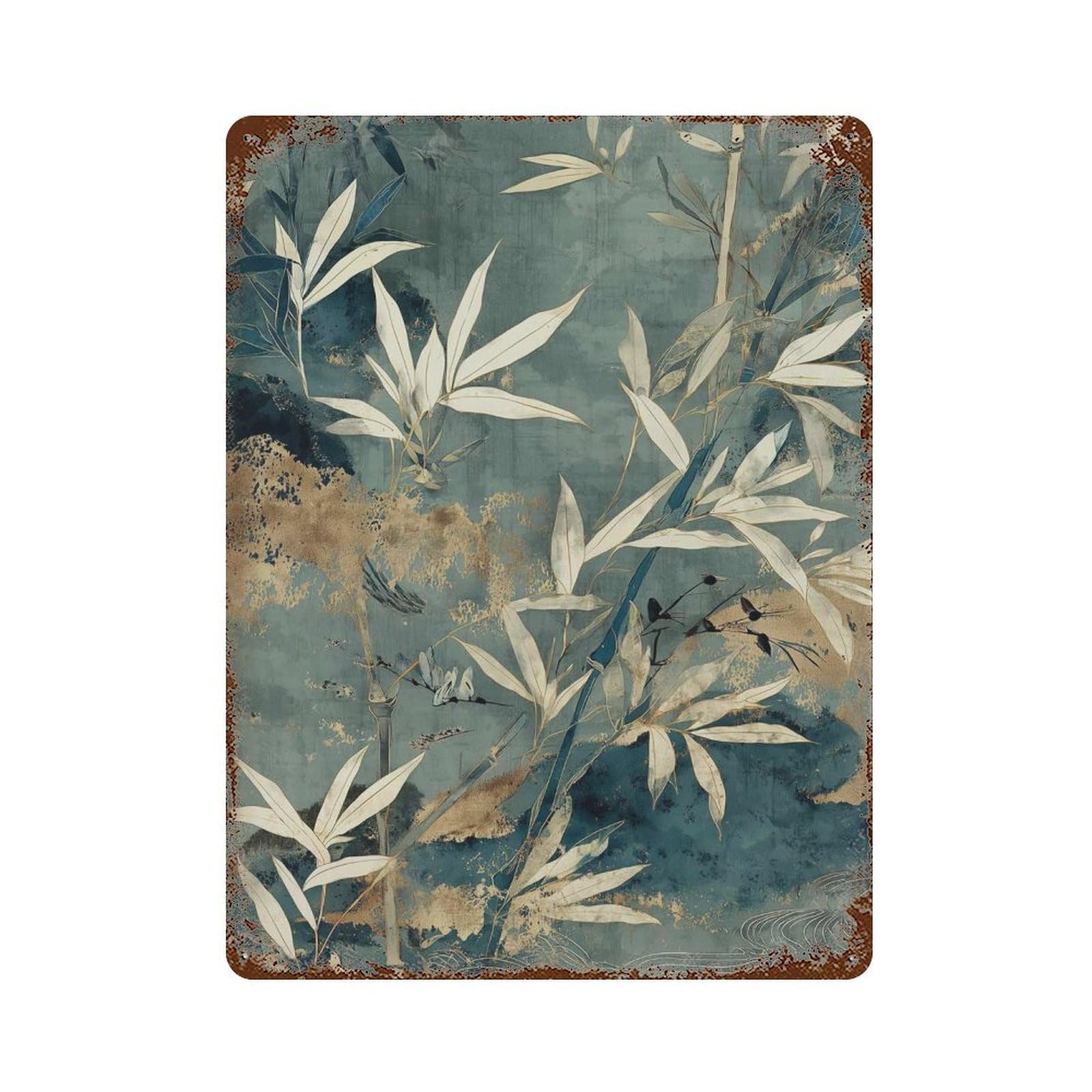 xiaoxiaoshen Bamboo Japanese Botanical Zen Nature Blue And Gold Oriental Design Asian Style W Wall Decor Art Metal Tin Poster Modern Home Decor Art Home Bar Shop Decorations Vintage Sign 40x30cm