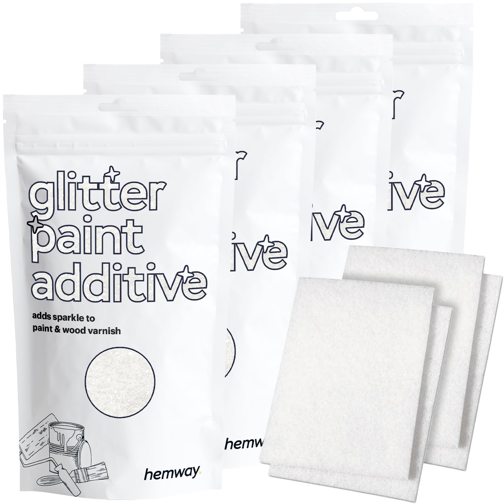 Hemway White Iridescent Glitter Paint Additive 400g with 4X Buffing Pads for Adding Sparkle to Paints & Varnish | Paint Walls Sparkly Add to Emulsion, Acrylic or Lacquer Indoor