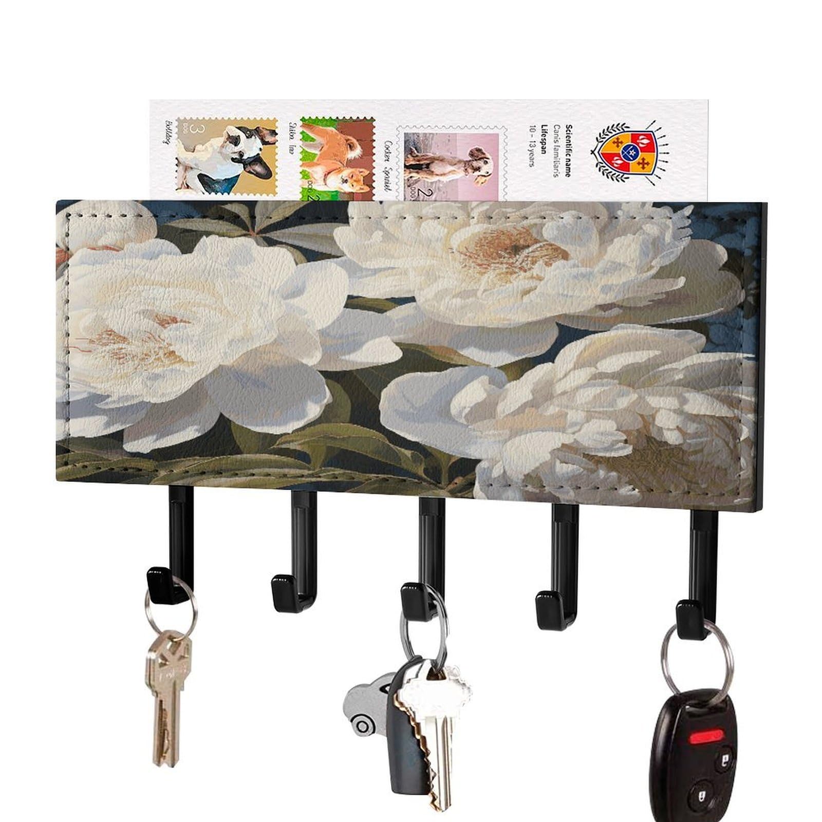 LDGSUPH White Peony Key Holder Wall Mount Key Hanger with 5 Hooks Fashion Key Organizer Rack Hanging Key Hooks with Mail Organizer Key Rack for Home Entryway Hallway Black-Style