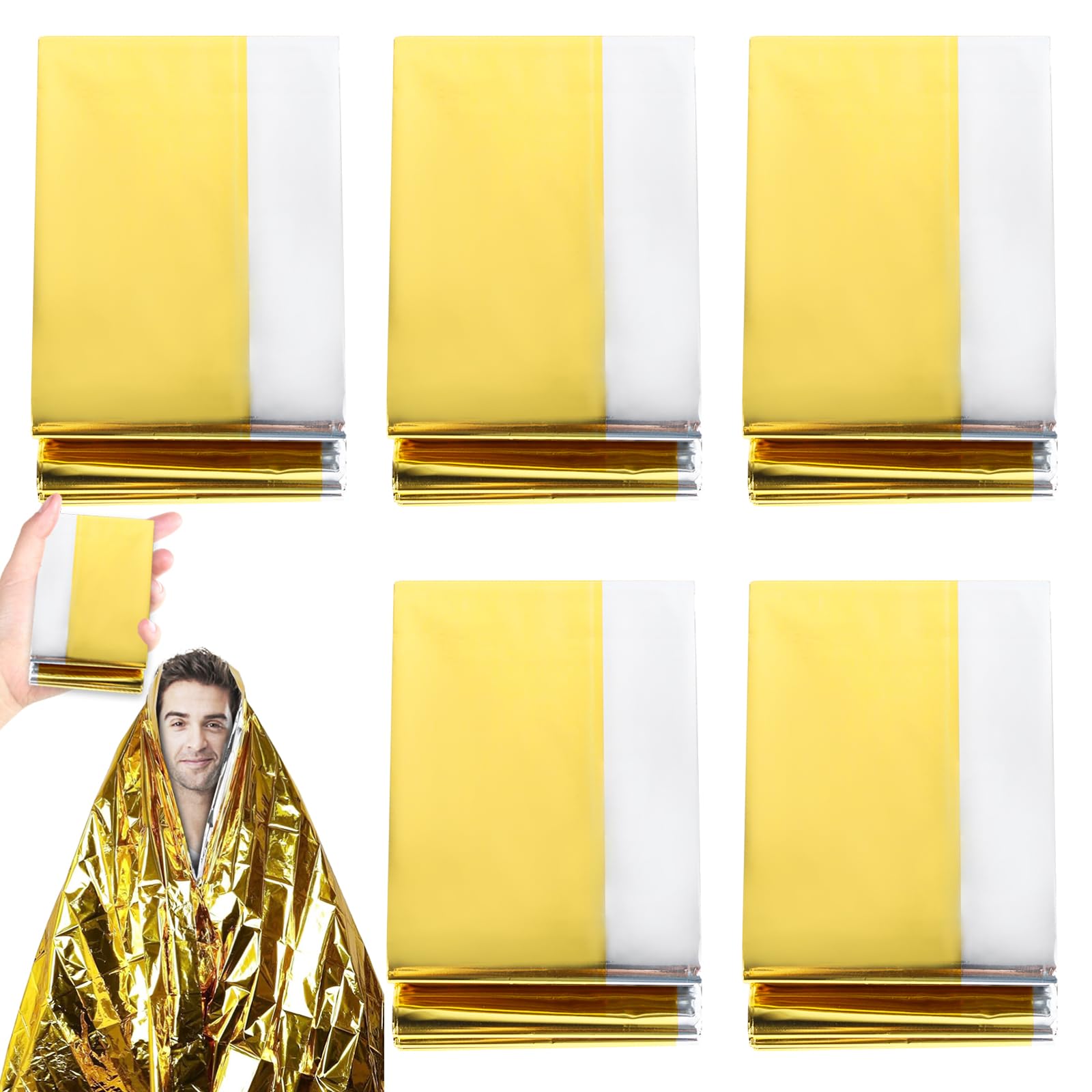 Lot de 5 couvertures de survie - 210 x 160 cm - Couverture de survie - Couverture de premiers secours pour la randonnée, le camping et l'extérieur - Doré/argenté