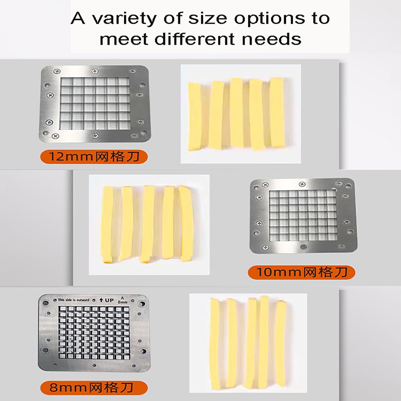 Cortador de Patatas eléctrico de Acero Inoxidable con Cuchillas de 8 mm, 10 mm y 12 mm. Cortador Profesional de Patatas Fritas, Zanahorias y Manzanas. Ideal para Uso doméstico y Comercial.