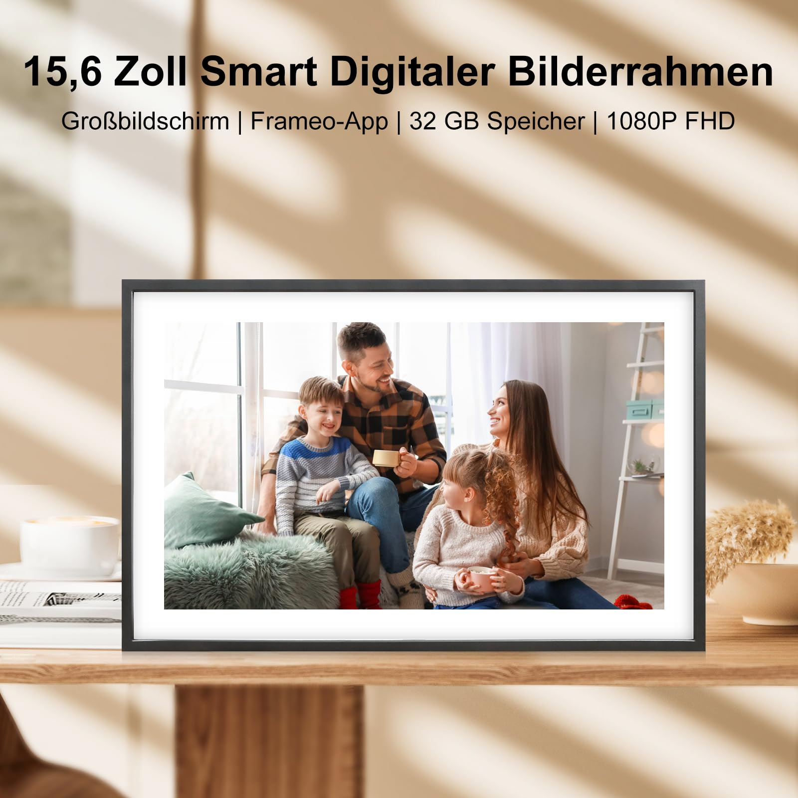 Digitaler Bilderrahmen Groß,15.6 Zoll Frameo Digital Photo Frame, 32 GB, 1920 * 1080 IPS FHD-Touchscreen, Elektronischer Bilderrahmen Tisch- und Wandmontage, Bildvideo teilen
