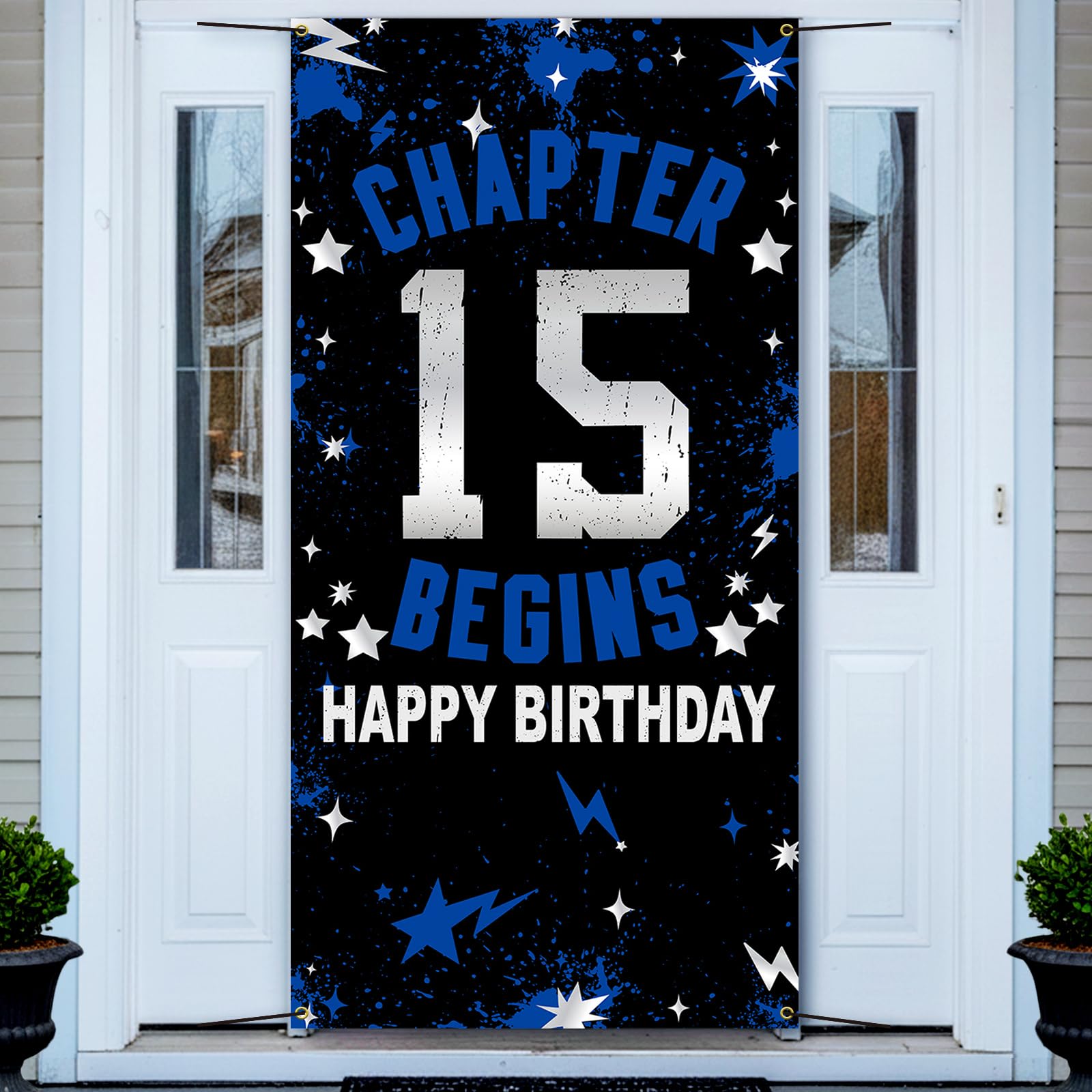 Photo 1 of 15th Birthday Decorations Fabric Backdrop, Chapter 15 Begins Happy Birthday Banner, Blue Indoor & Outdoor Photo Background & Cake Table Decor for Boys Girls, 3x6ft Door Wall HTDZZI