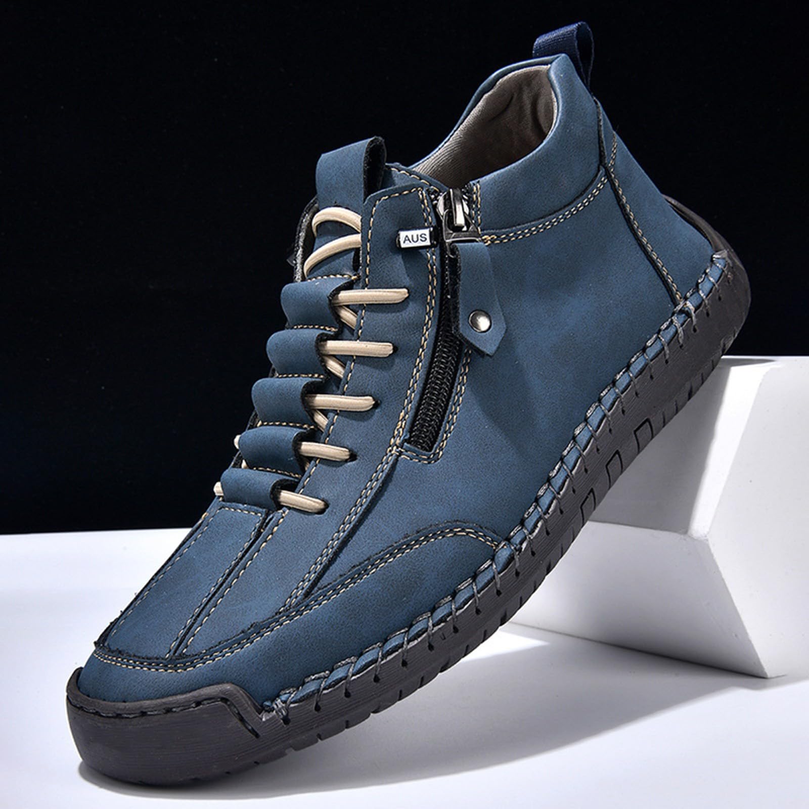 Chaussures de randonnée en cuir pour homme - Chaussures d'été courtes avec fermeture éclair - Lacets en cuir - Baskets - Semelles souples - Chaussures pieds nus confortables - Chaussures de sport