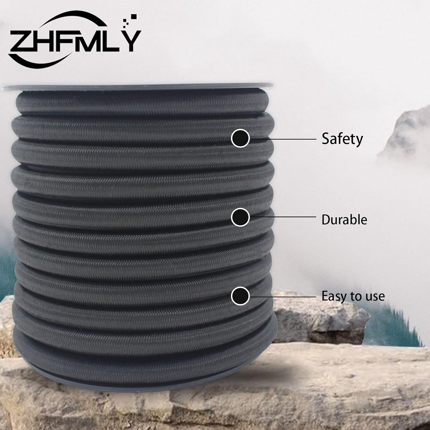 ZHFLMY Black 5/16in Bungee Cord 30ft Roll,Dacron Polyester Elastic Cord for DIY, Tie Downs - Heavy Duty Bungee Cords for Various Applications