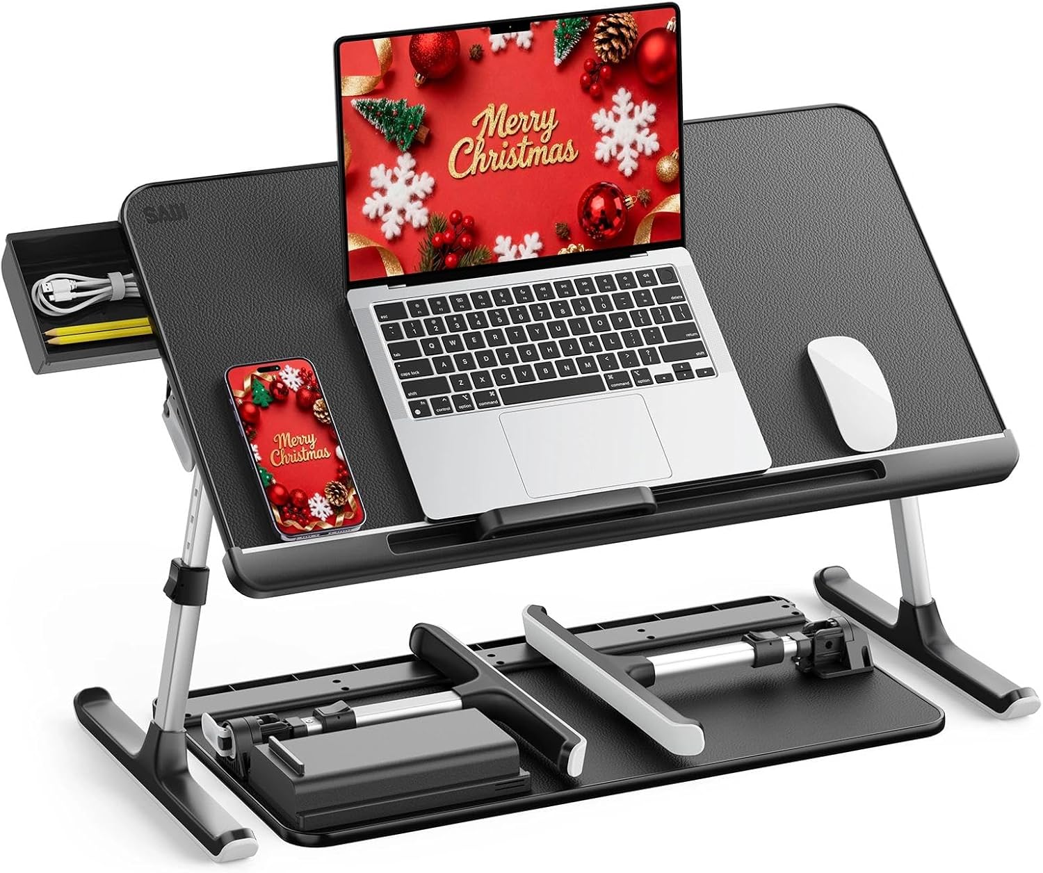 SAIJI Laptop Bed Tray Table, Adjustable PVC Leather Laptop Bed Table, Portable Standing Desk with Storage Drawer, Foldable Lap Tablet Table for Sofa Couch Floor (Dark Black)