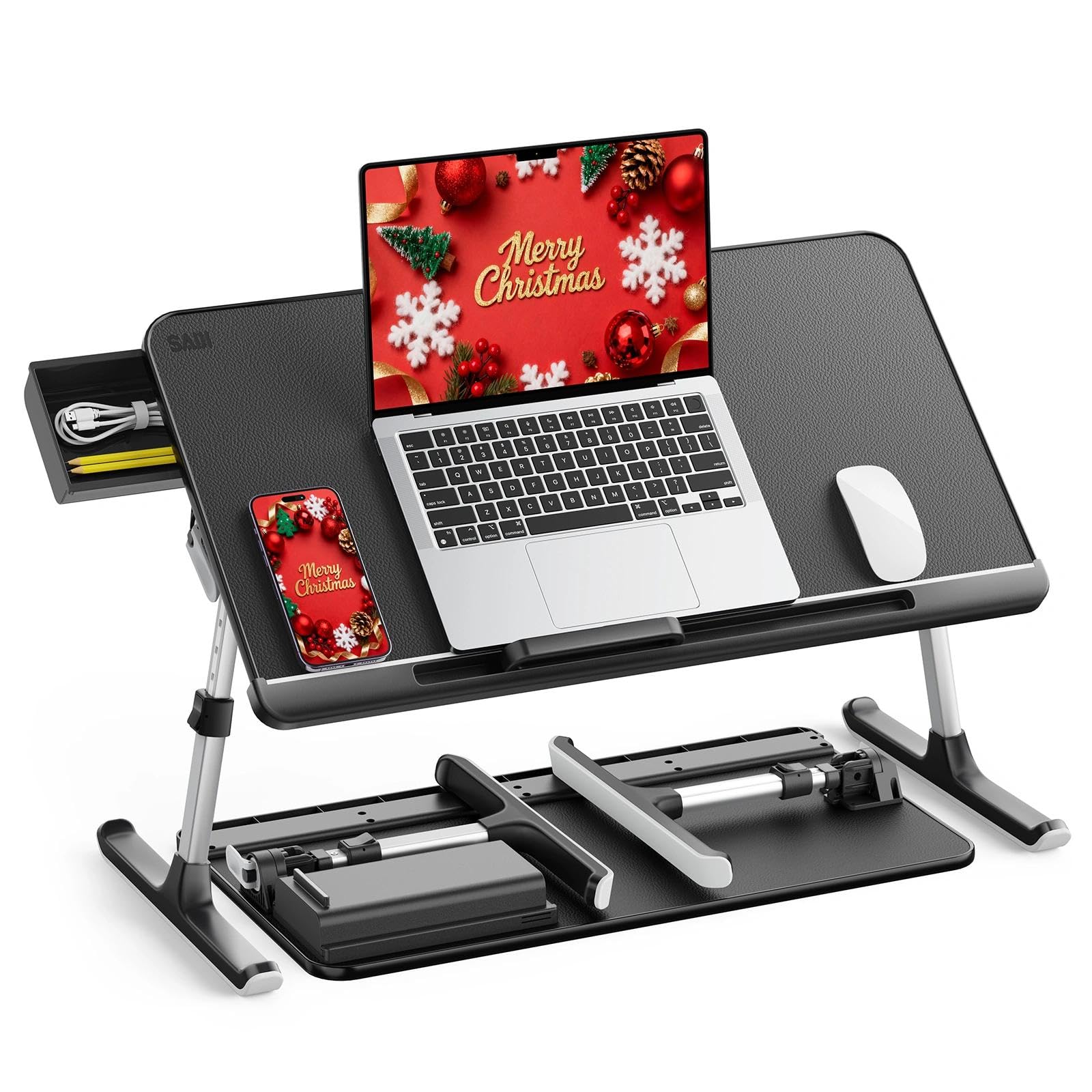 Laptop Bed Tray Table, Adjustable PVC Leather Laptop Bed Table, Portable Standing Desk with Storage Drawer, Foldable Lap Tablet Table for Sofa Couch Floor (Dark Black)