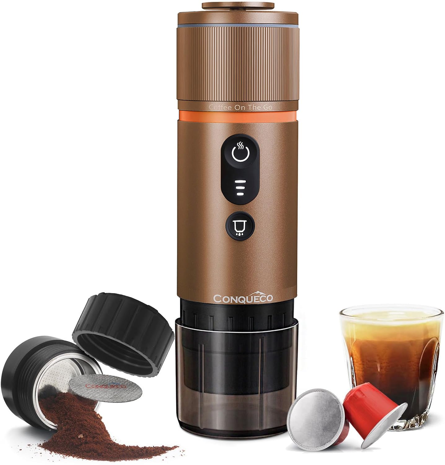 CONQUECO Máquina de café espresso portátil: cafetera portátil batería para viajes de camping - Calentamiento rápido en 2,5 minutos - 8 tazas de café espresso por una carga - Marrón