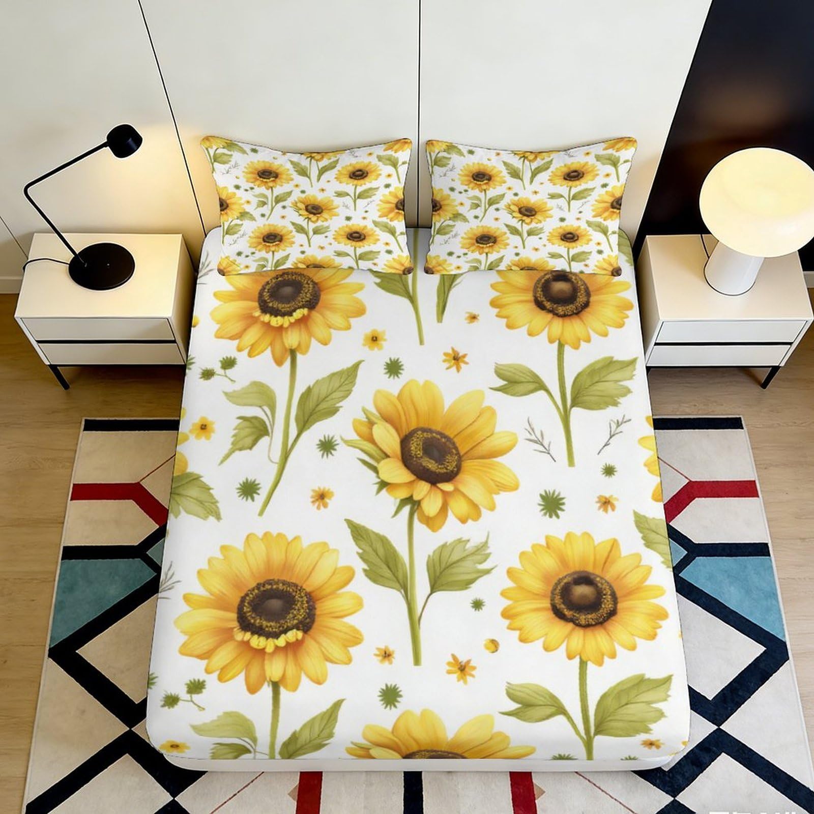 3D Printed Sunflower Blossom Fitted Sheet Microfiber Yellow Floral Mattress Cover for Bedroom Guest Room Decor 90x200x25cm