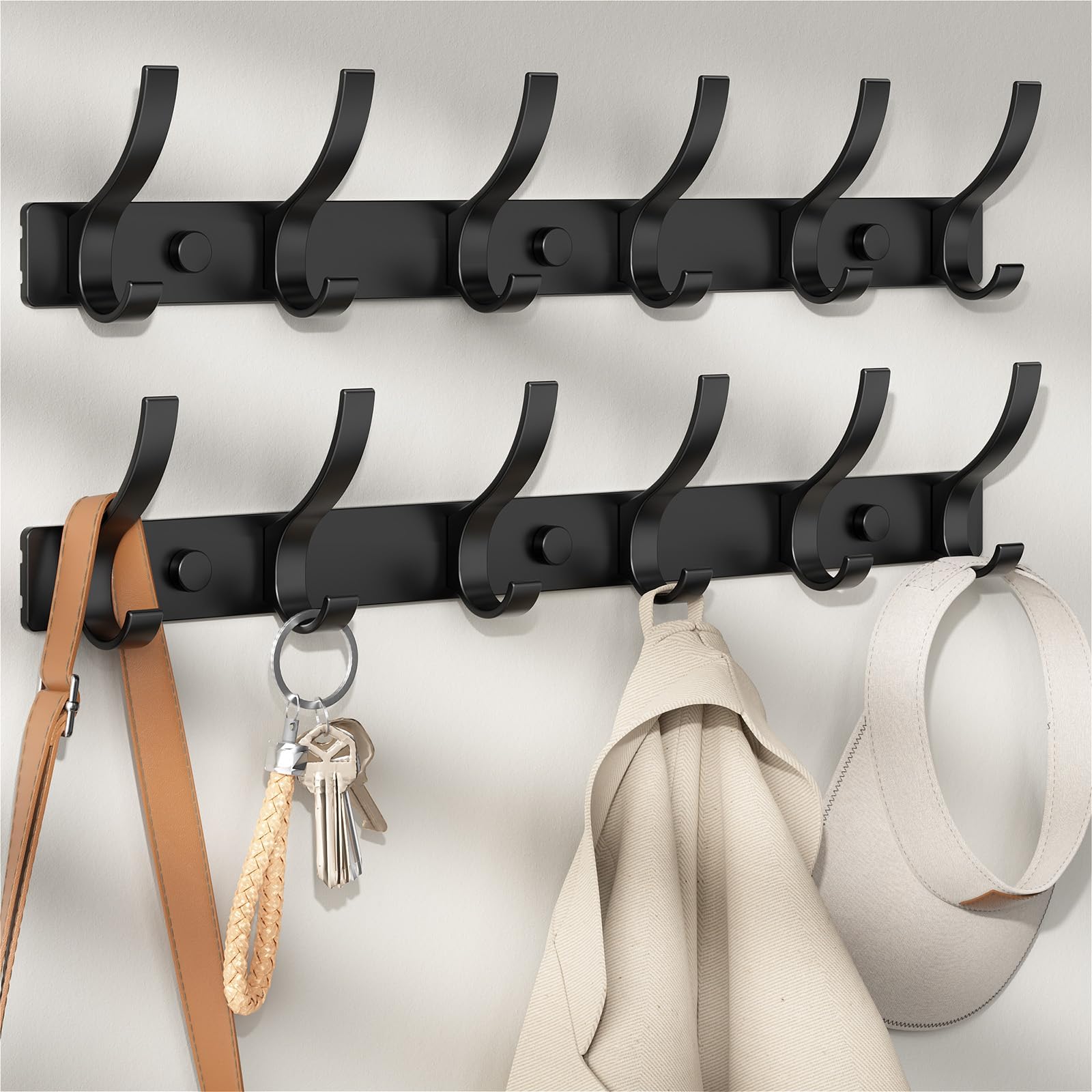 Optish Coat Rack Wall Mount, Wall Hooks for Hanging, Entry Coat Hooks Coat Hanger, Hat Rack Holder for Wall, Key Holder Purse Racks, Towel Rack for Bathrooms (2 Pack, Black)