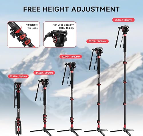 Miniatura 7 de Avella CD324 - Kit de monopie de video de fibra de carbono, con cabezal fluido y pies extraíbles, carga máxima de 71 pulgadas, 13.2 libras para