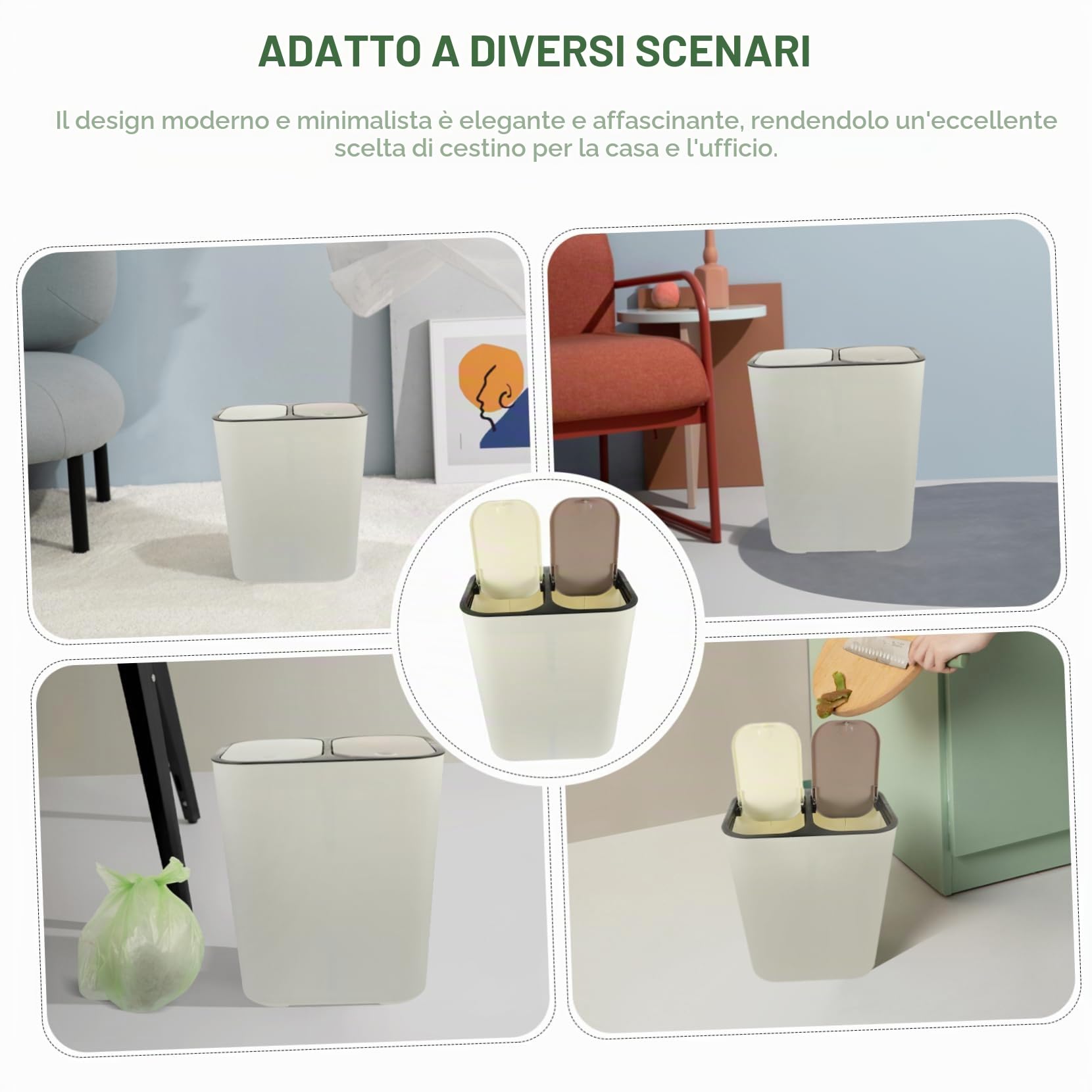 Cabilock Pattumiera Doppia Separazione Umido e Secco Coperchio per Raccolta Differenziata Capacità in Pp per Cucina e Altri Ambienti Domestici