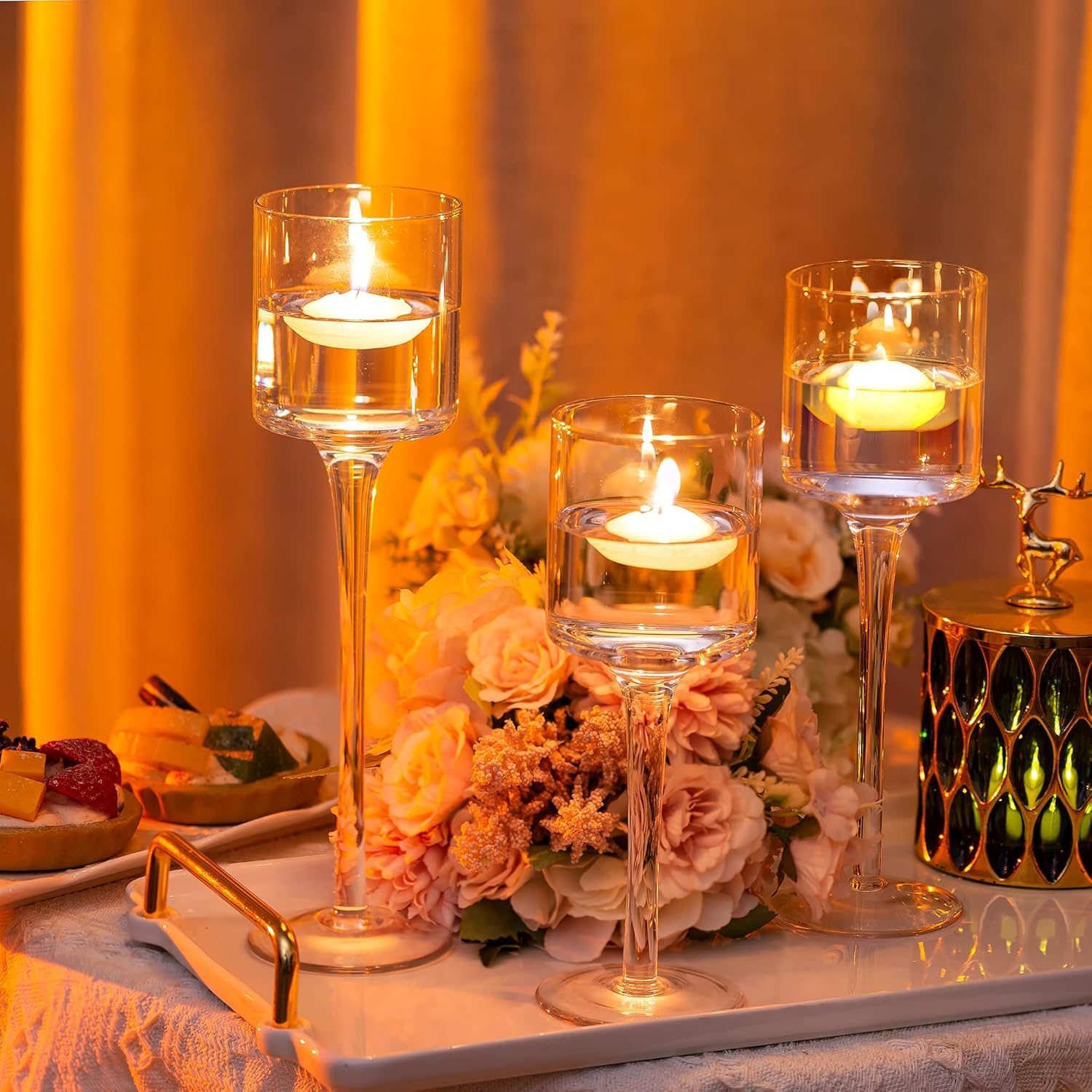 Glass Candle Holders - Set of 3 for Table Centerpiece -4